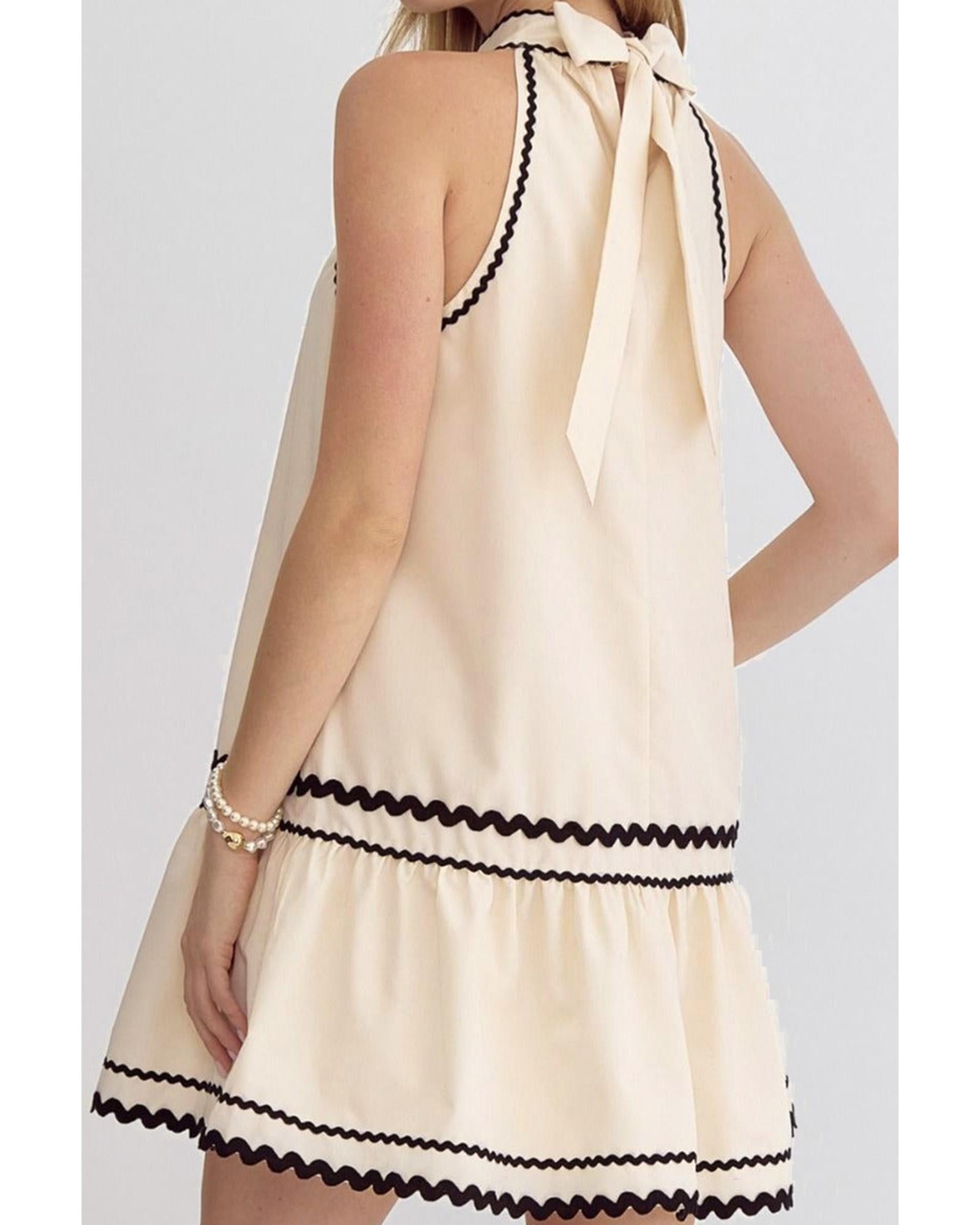 Khaki Stripe Ric Rac Trim Halter A-line Sleeveless Mini Dress - L 7