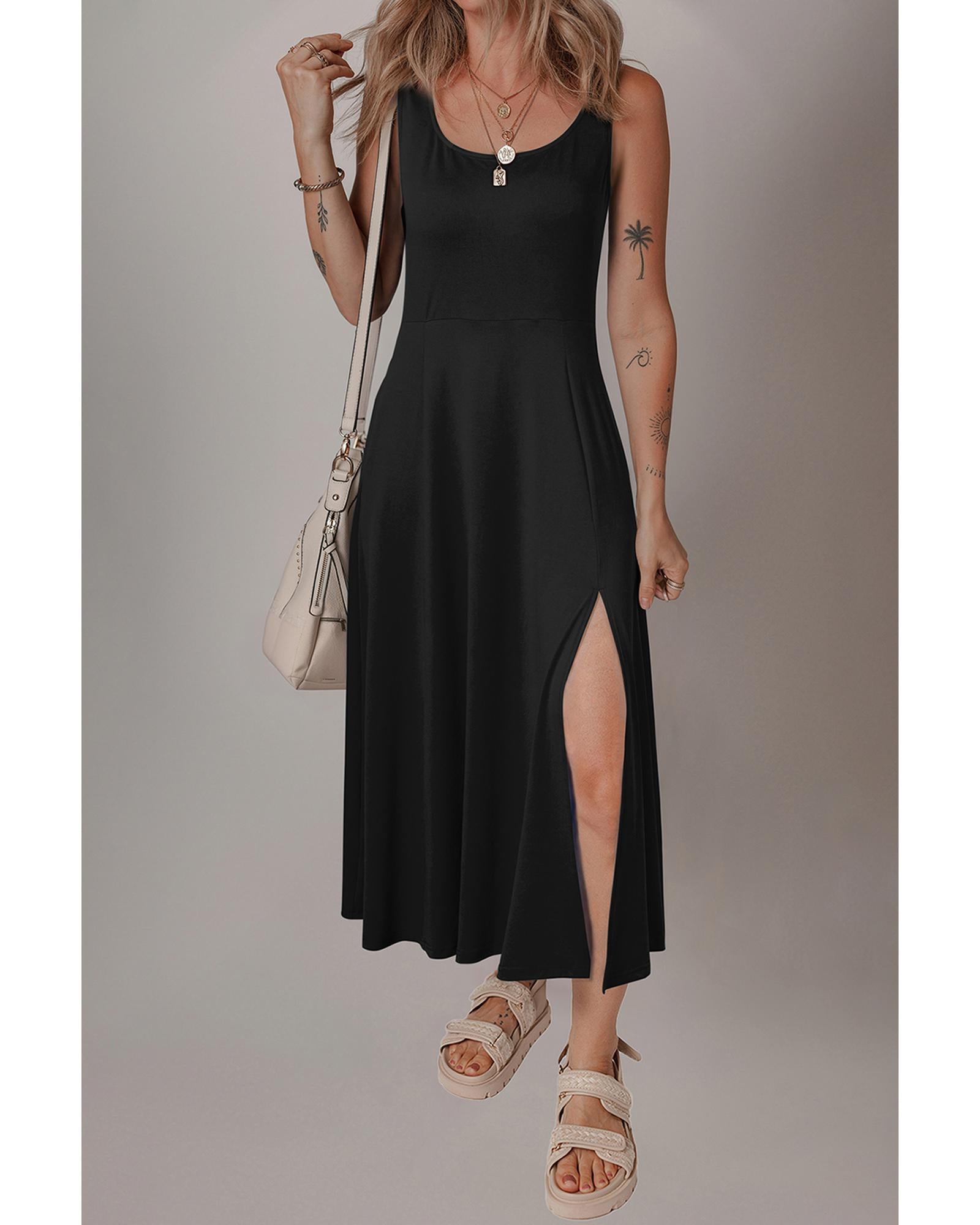 Black Sleeveless Scoop Neck Flared Split Midi Dress - XL
