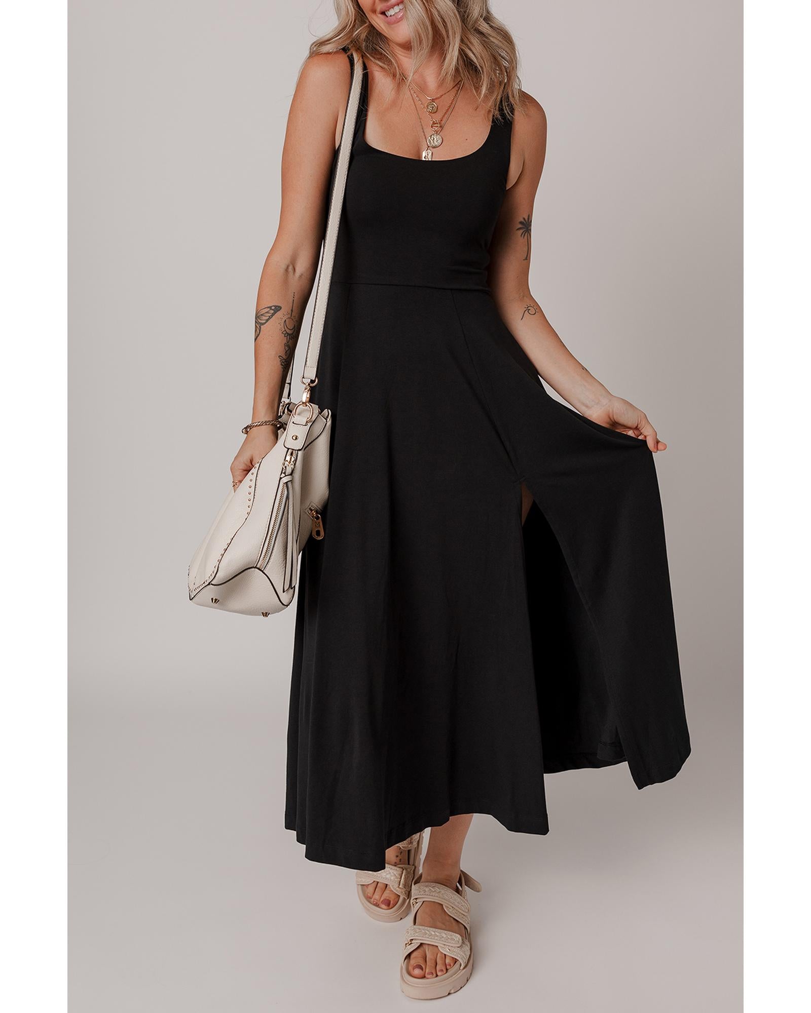 Black Sleeveless Scoop Neck Flared Split Midi Dress - XL 4