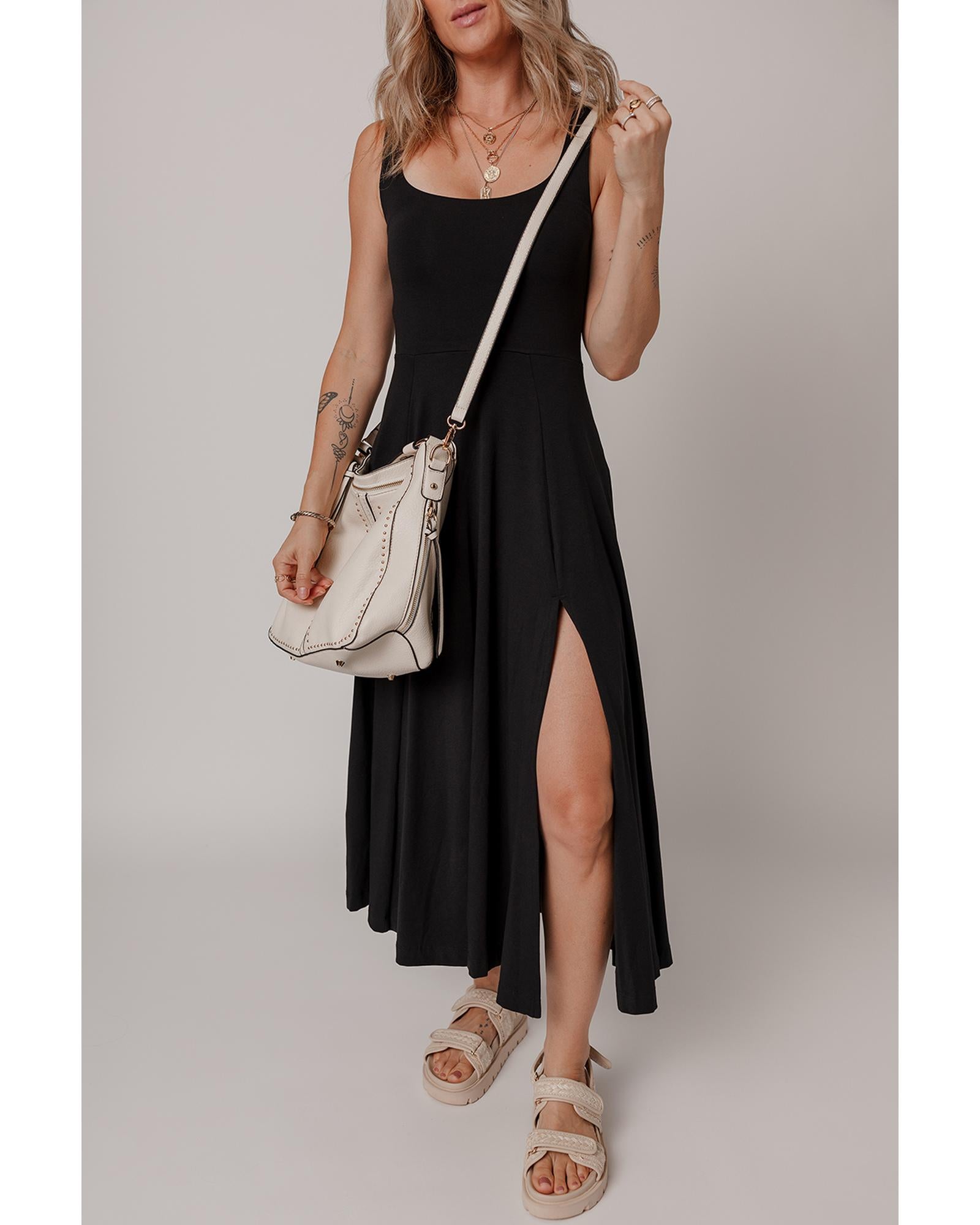 Black Sleeveless Scoop Neck Flared Split Midi Dress - XL 5