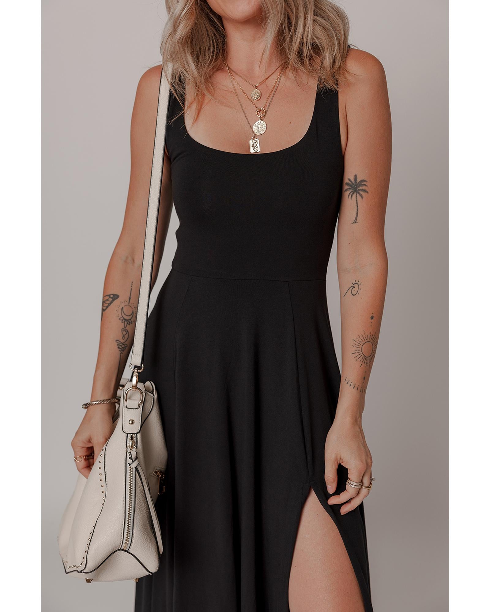 Black Sleeveless Scoop Neck Flared Split Midi Dress - XL 6