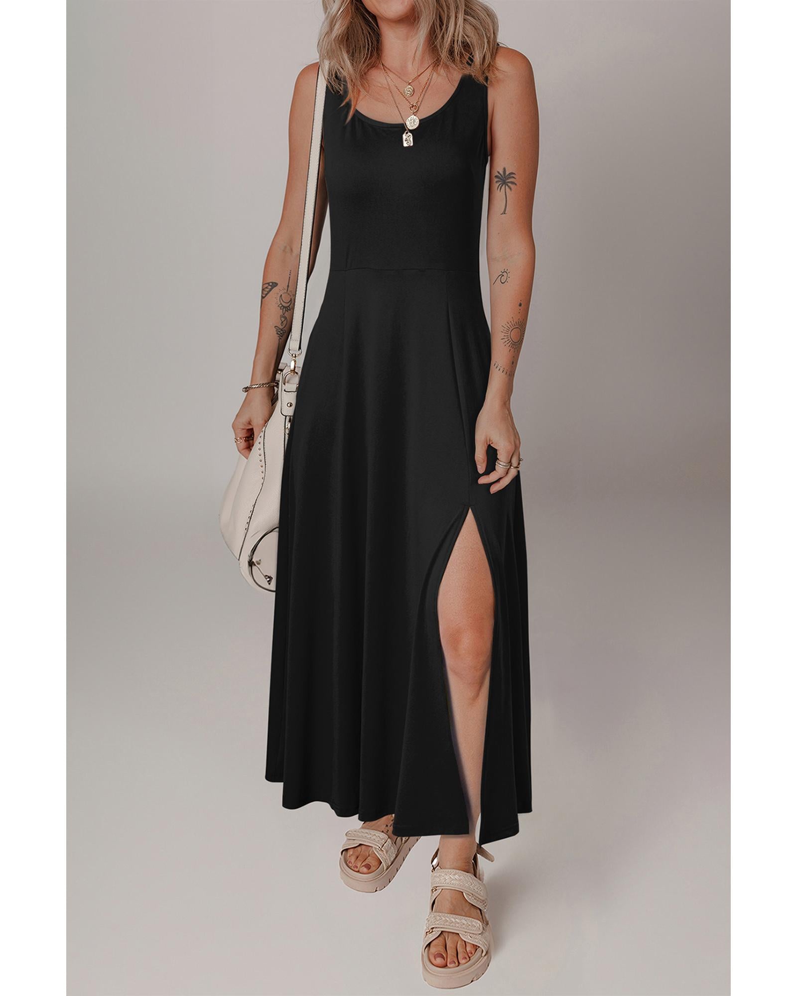 Black Sleeveless Scoop Neck Flared Split Midi Dress - XL 7