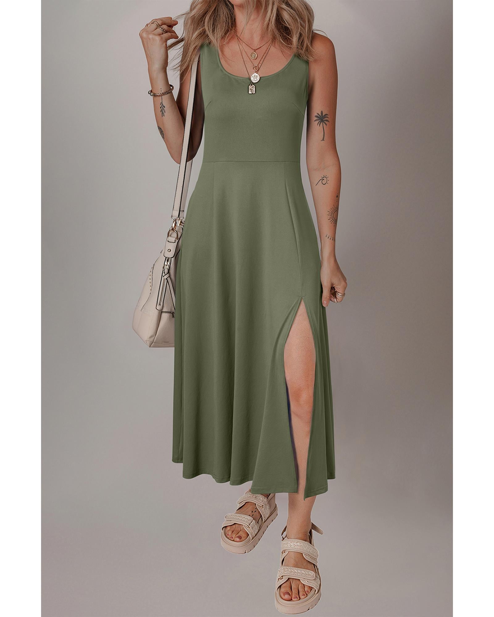 Four Leaf Clover Sleeveless Scoop Neck Flared Split Midi Dress - S
