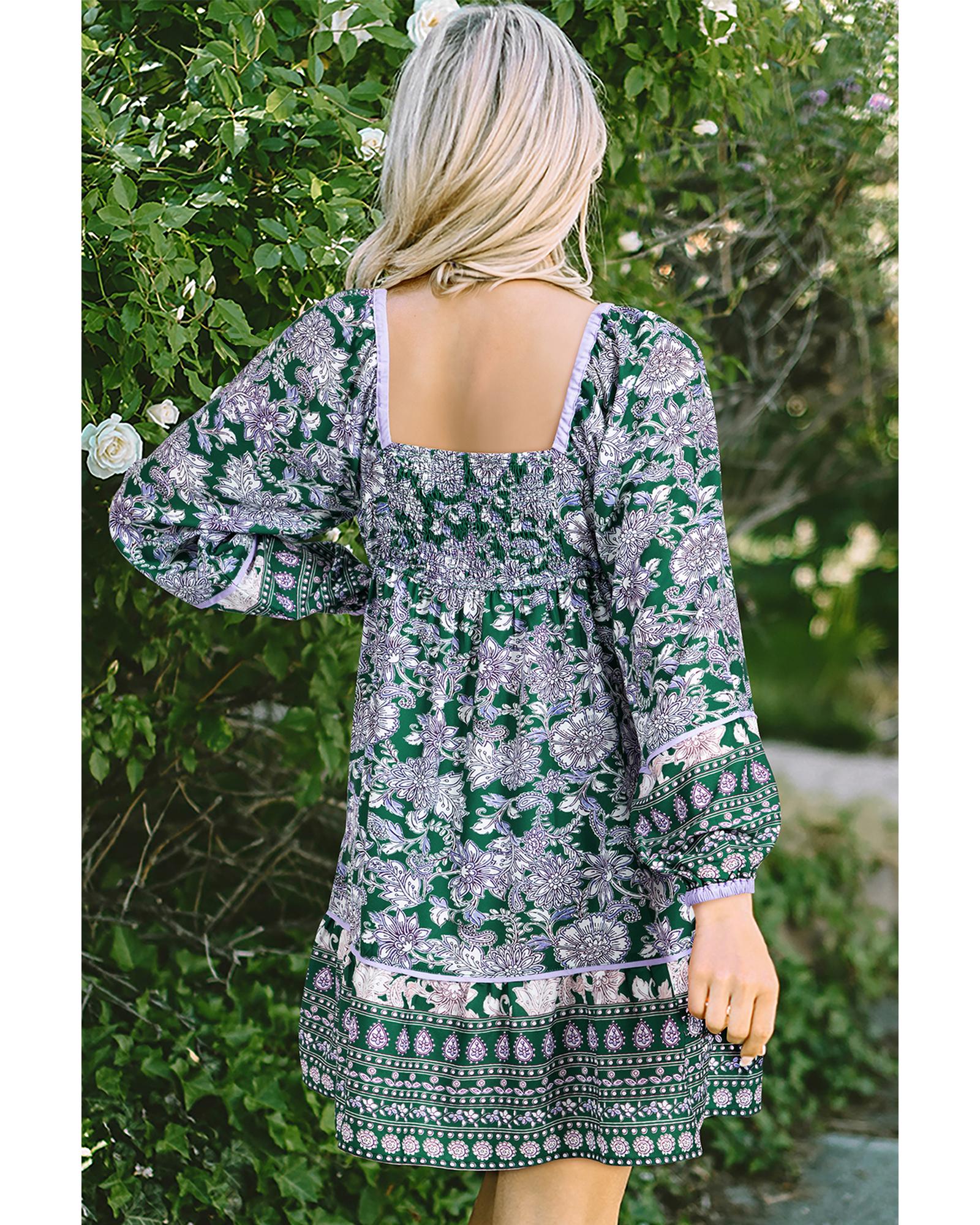 Green Floral Print Piping Trim Bubble Sleeve Square Neck Dress - L