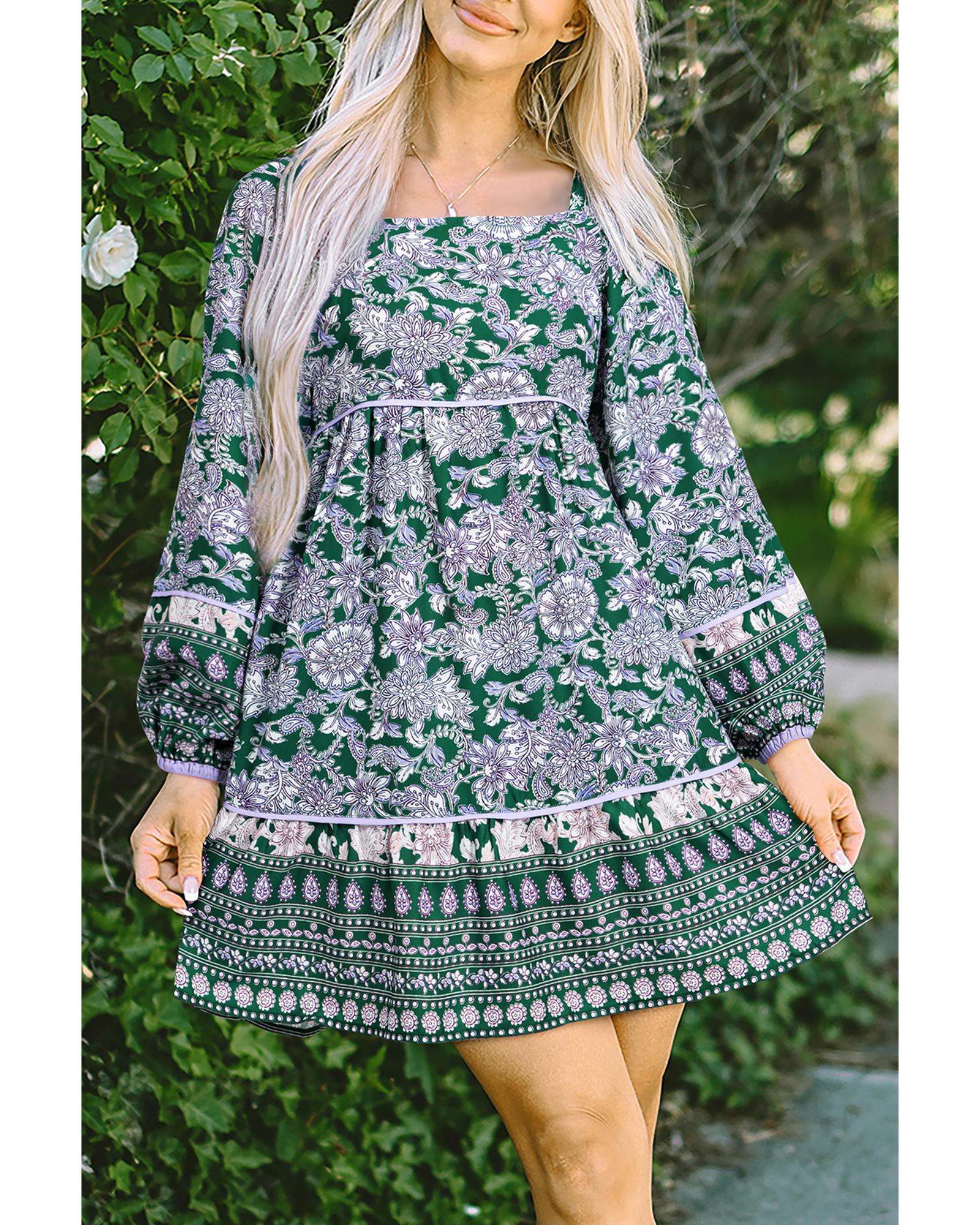 Green Floral Print Piping Trim Bubble Sleeve Square Neck Dress - L