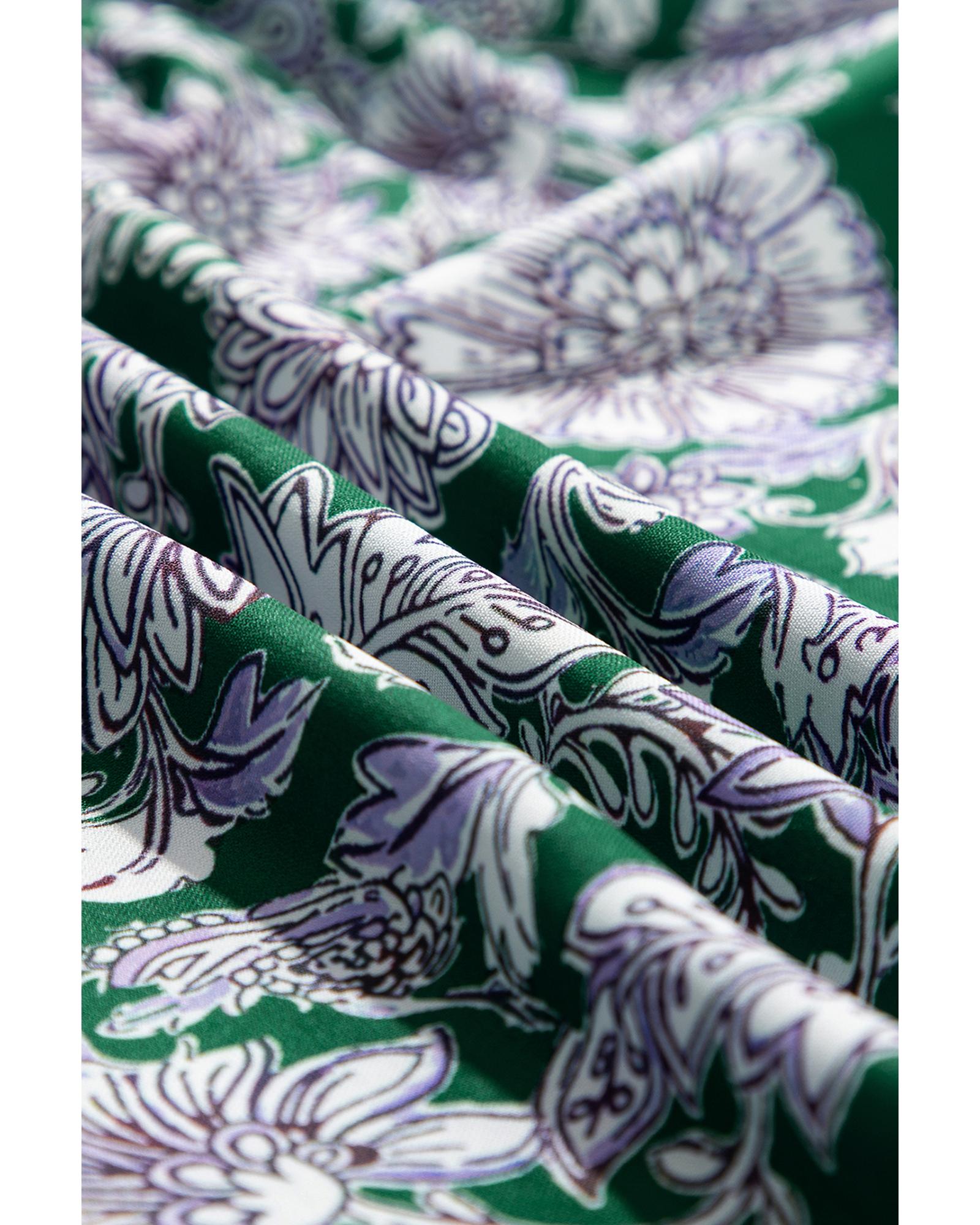 Green Floral Print Piping Trim Bubble Sleeve Square Neck Dress - M 6