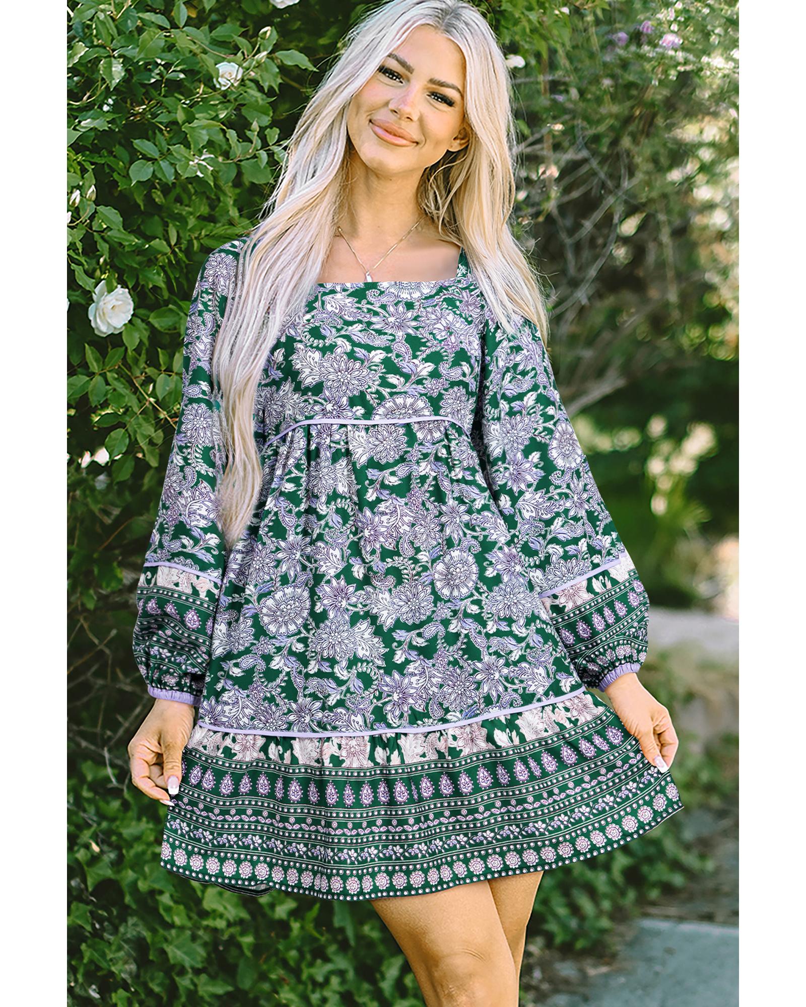Green Floral Print Piping Trim Bubble Sleeve Square Neck Dress - S 7