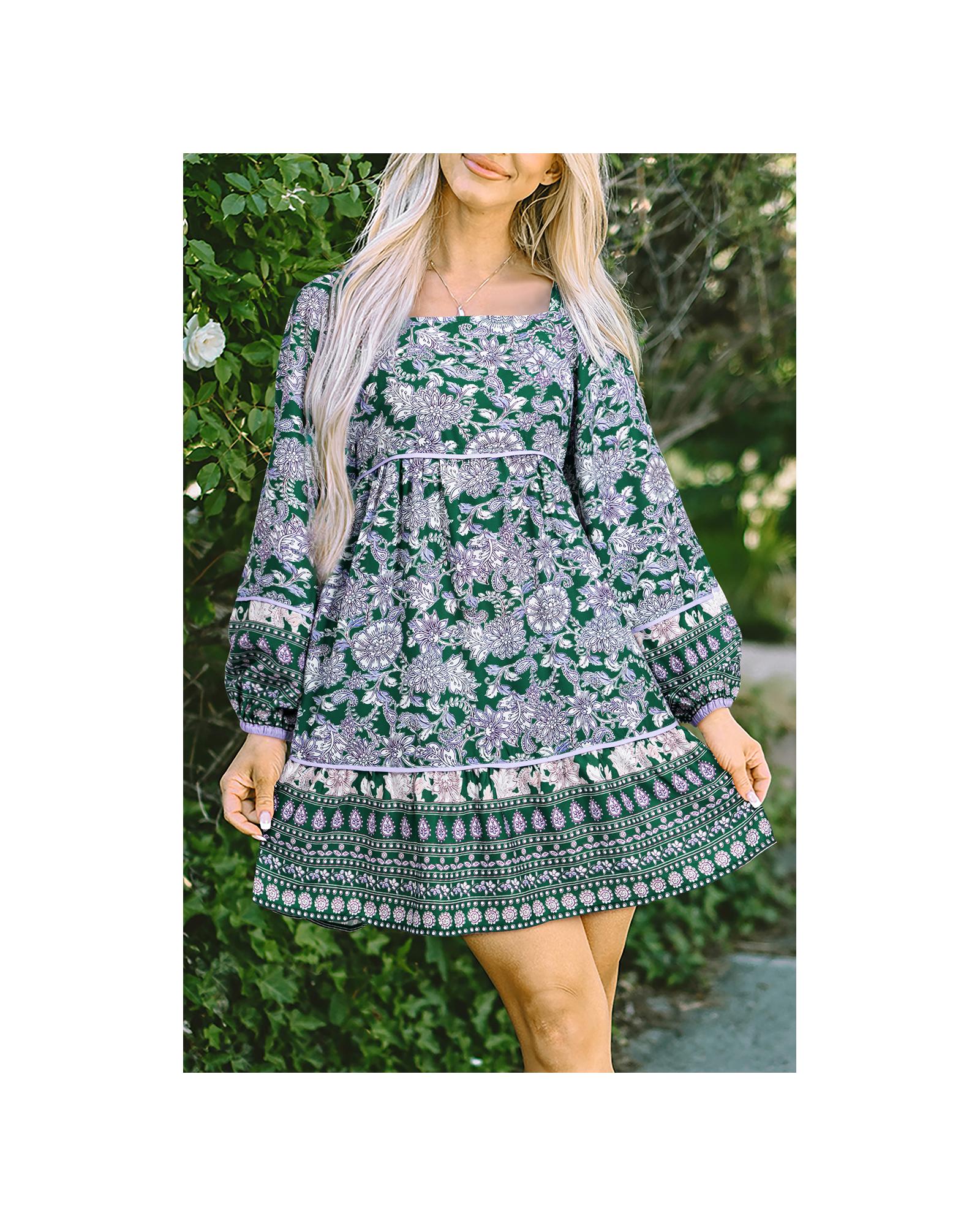 Green Floral Print Piping Trim Bubble Sleeve Square Neck Dress - XL