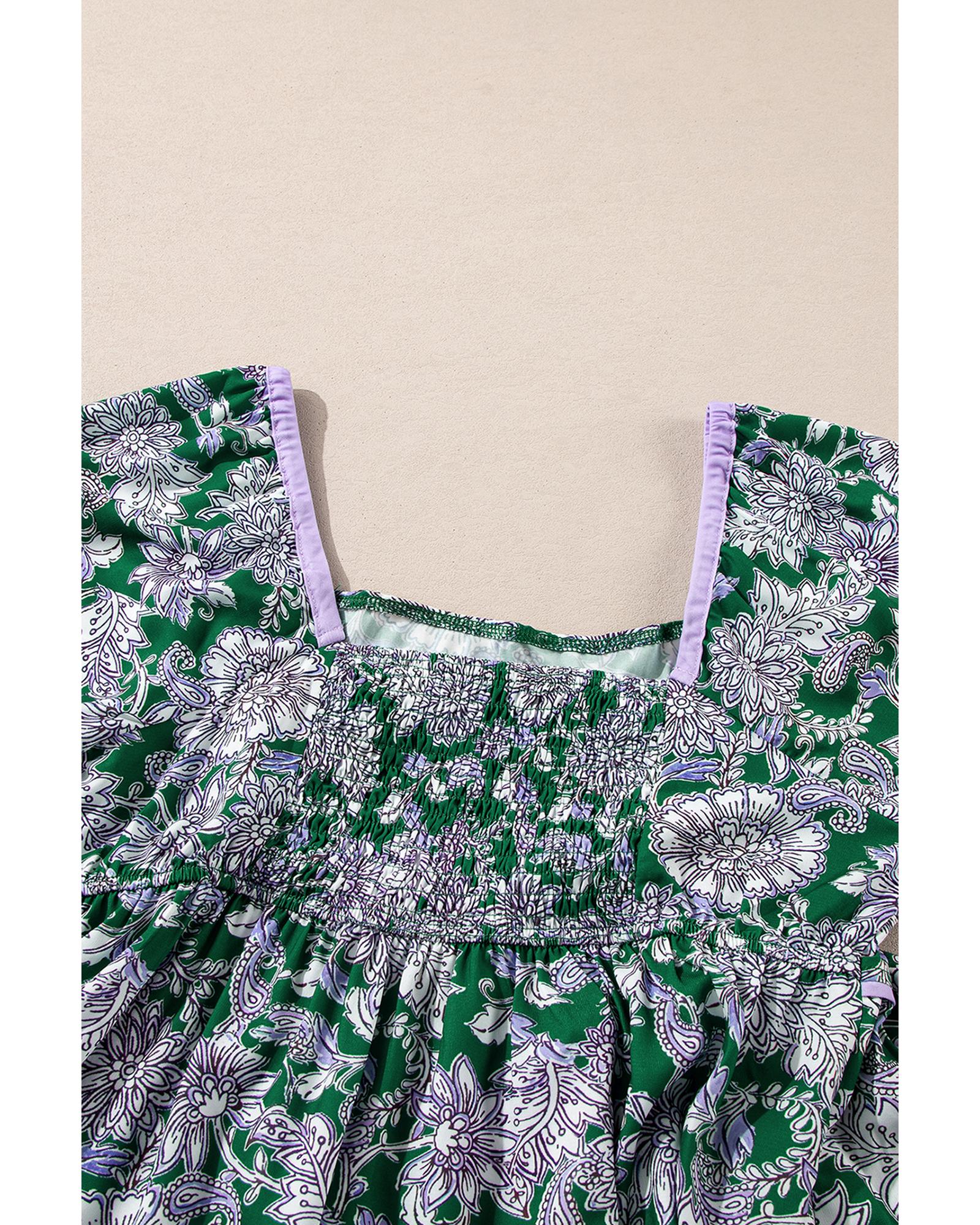 Green Floral Print Piping Trim Bubble Sleeve Square Neck Dress - XL 5