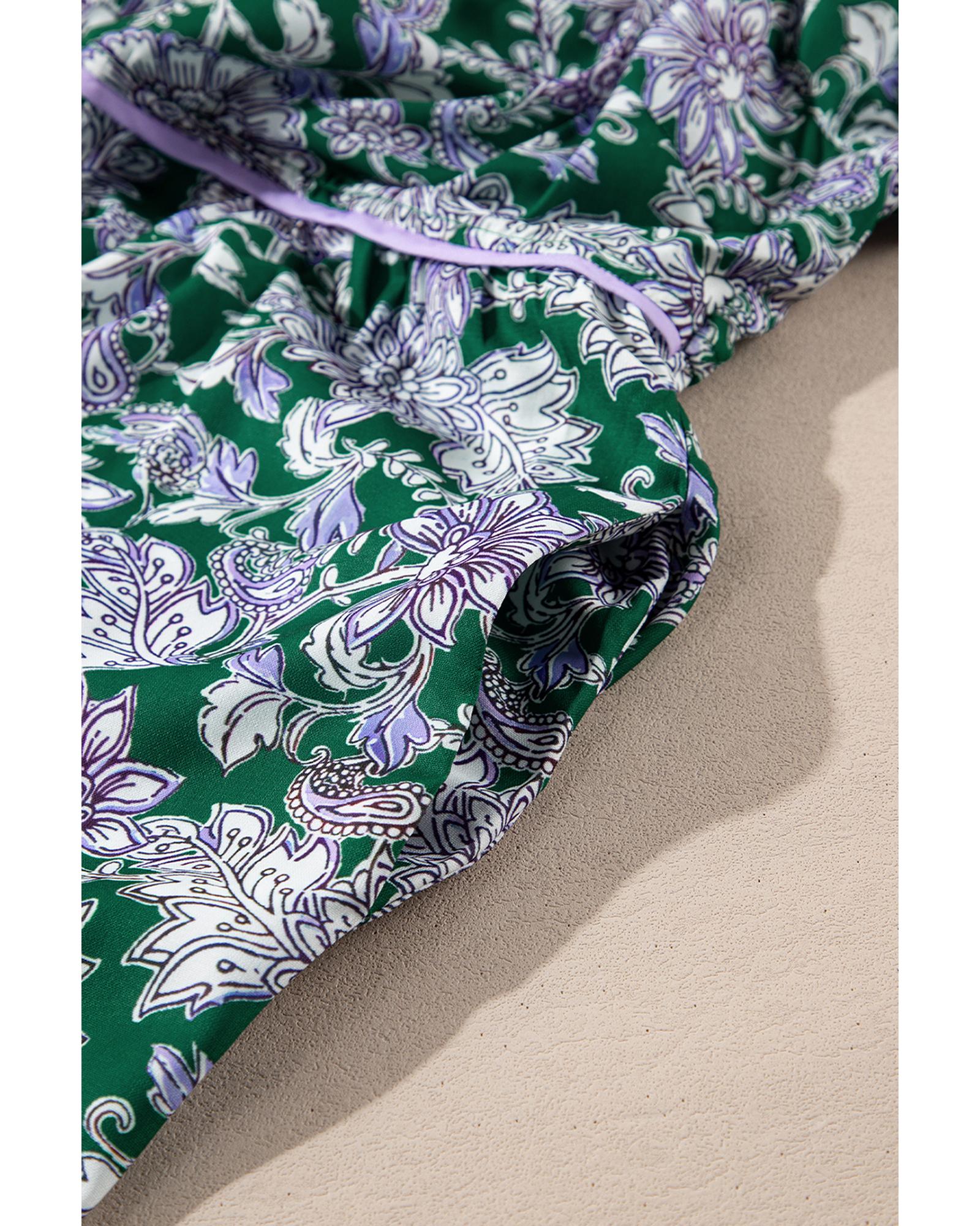 Green Floral Print Piping Trim Bubble Sleeve Square Neck Dress - XL 8