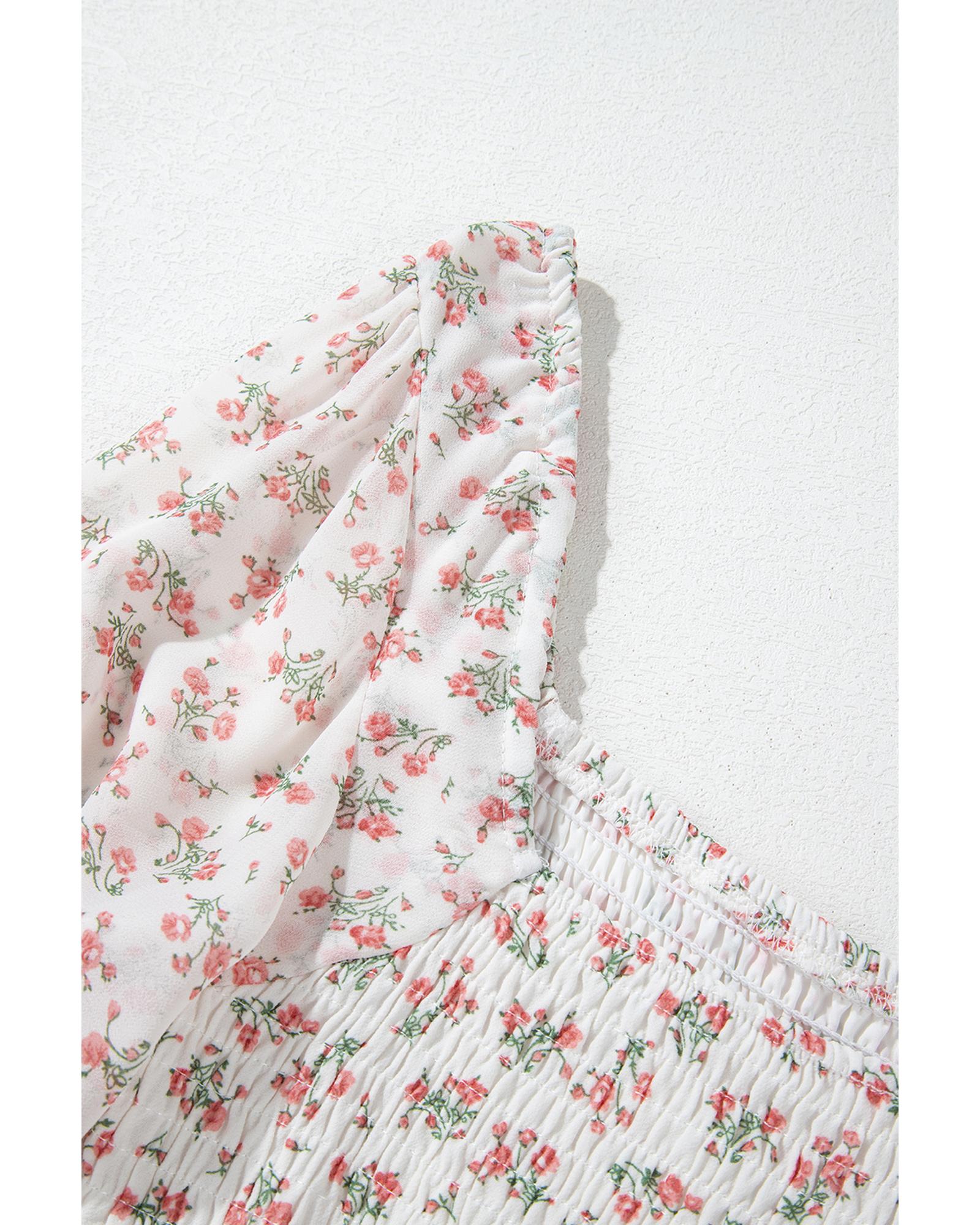 White Floral Print Shirred Ruffled Hem Square Neck Midi Dress - M