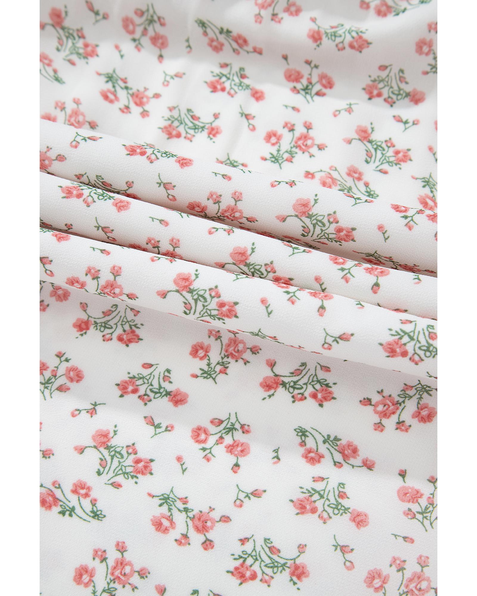White Floral Print Shirred Ruffled Hem Square Neck Midi Dress - S 7