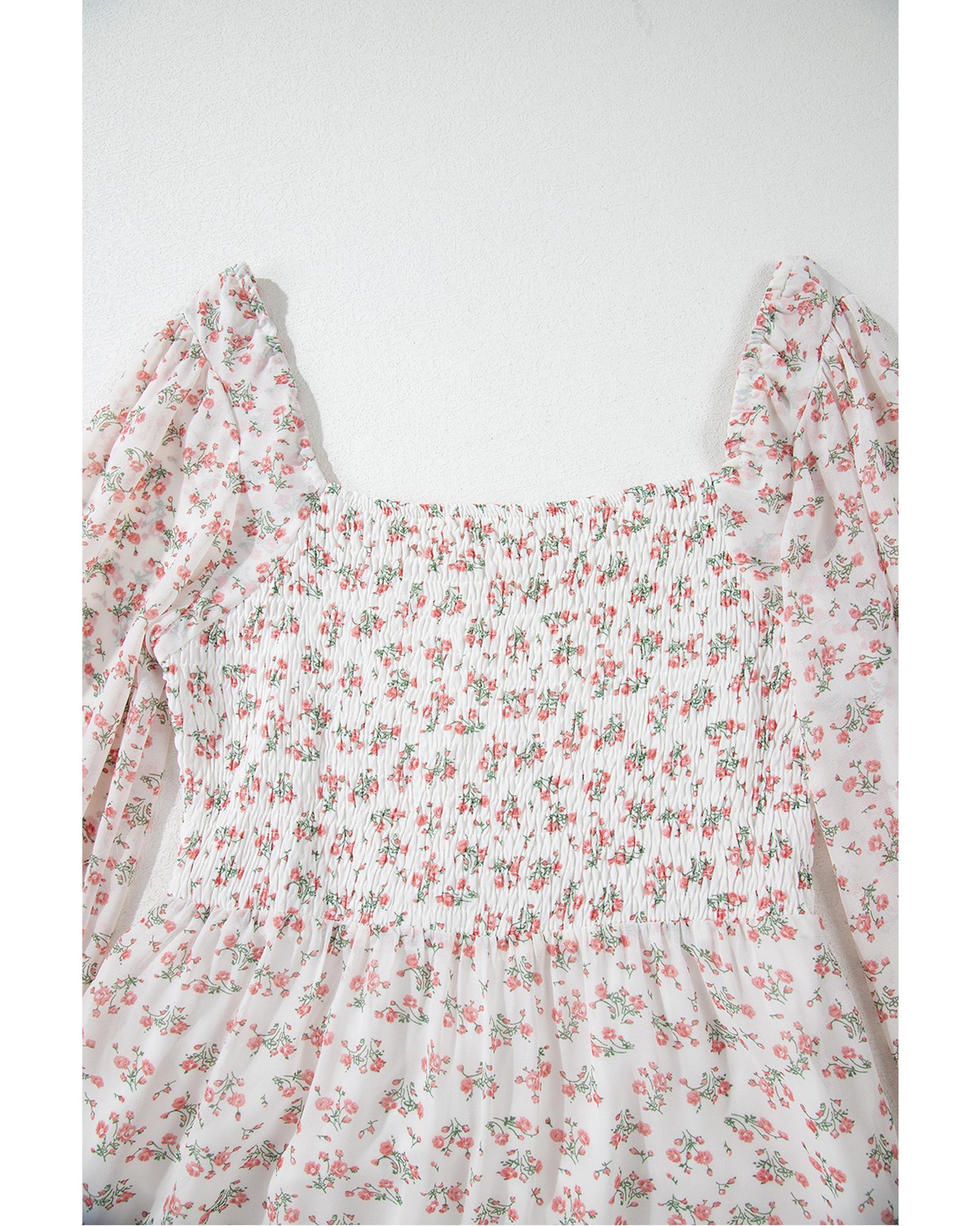 White Floral Print Shirred Ruffled Hem Square Neck Midi Dress - S 8