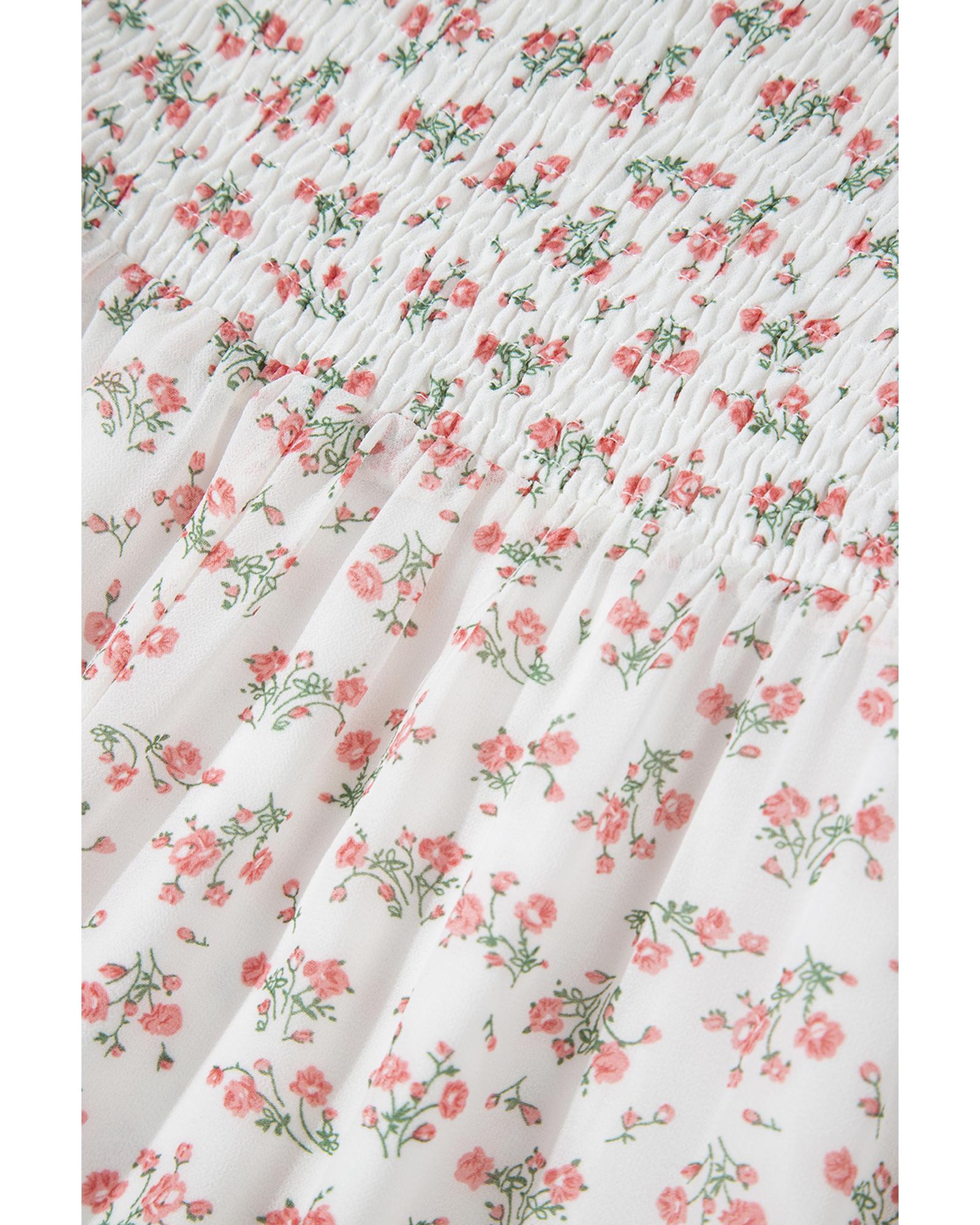 White Floral Print Shirred Ruffled Hem Square Neck Midi Dress - XL