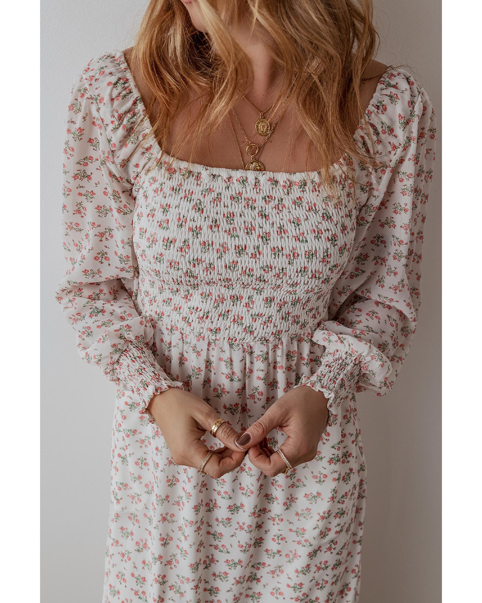 White Floral Print Shirred Ruffled Hem Square Neck Midi Dress - XL 3