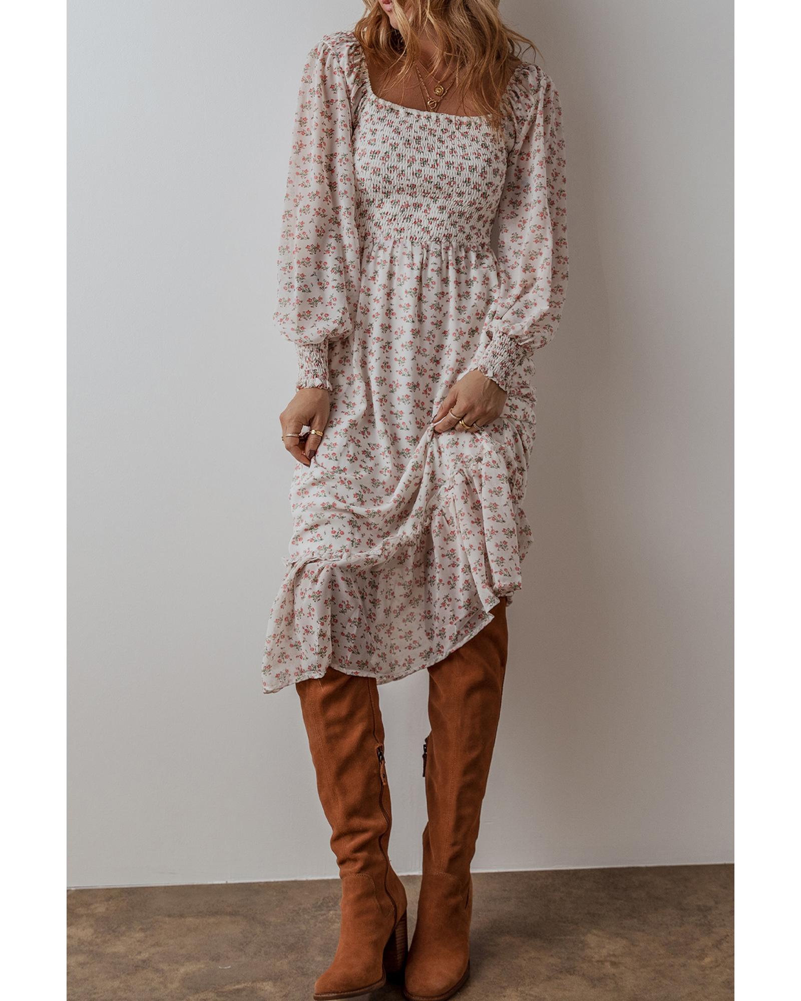 White Floral Print Shirred Ruffled Hem Square Neck Midi Dress - XL 4