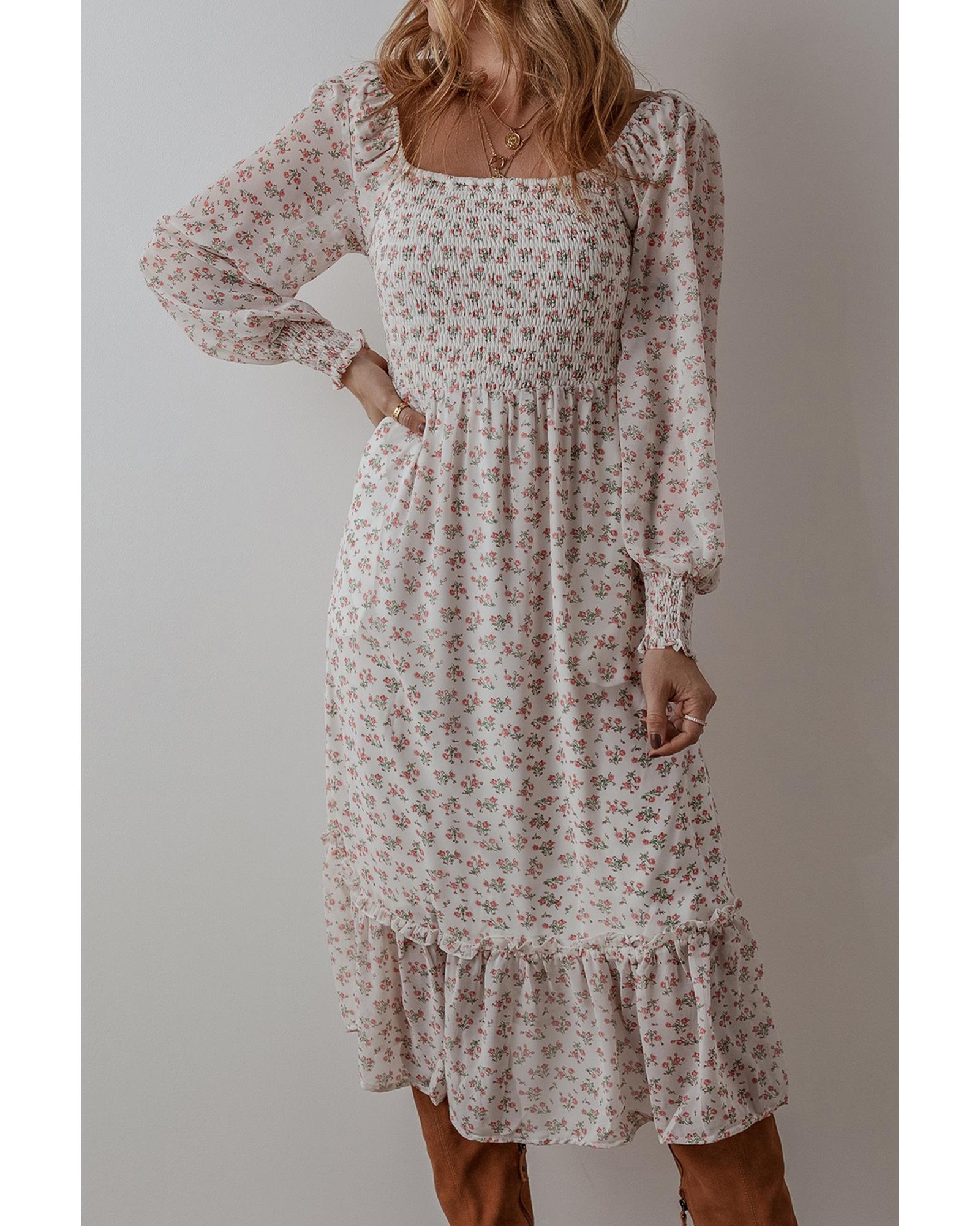 White Floral Print Shirred Ruffled Hem Square Neck Midi Dress - XL 5