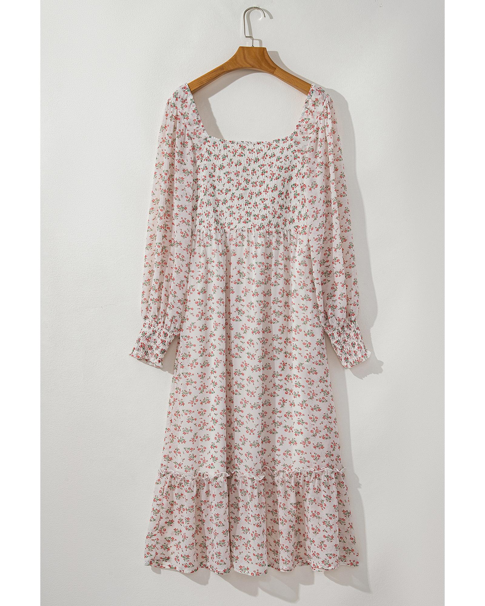 White Floral Print Shirred Ruffled Hem Square Neck Midi Dress - XL 6
