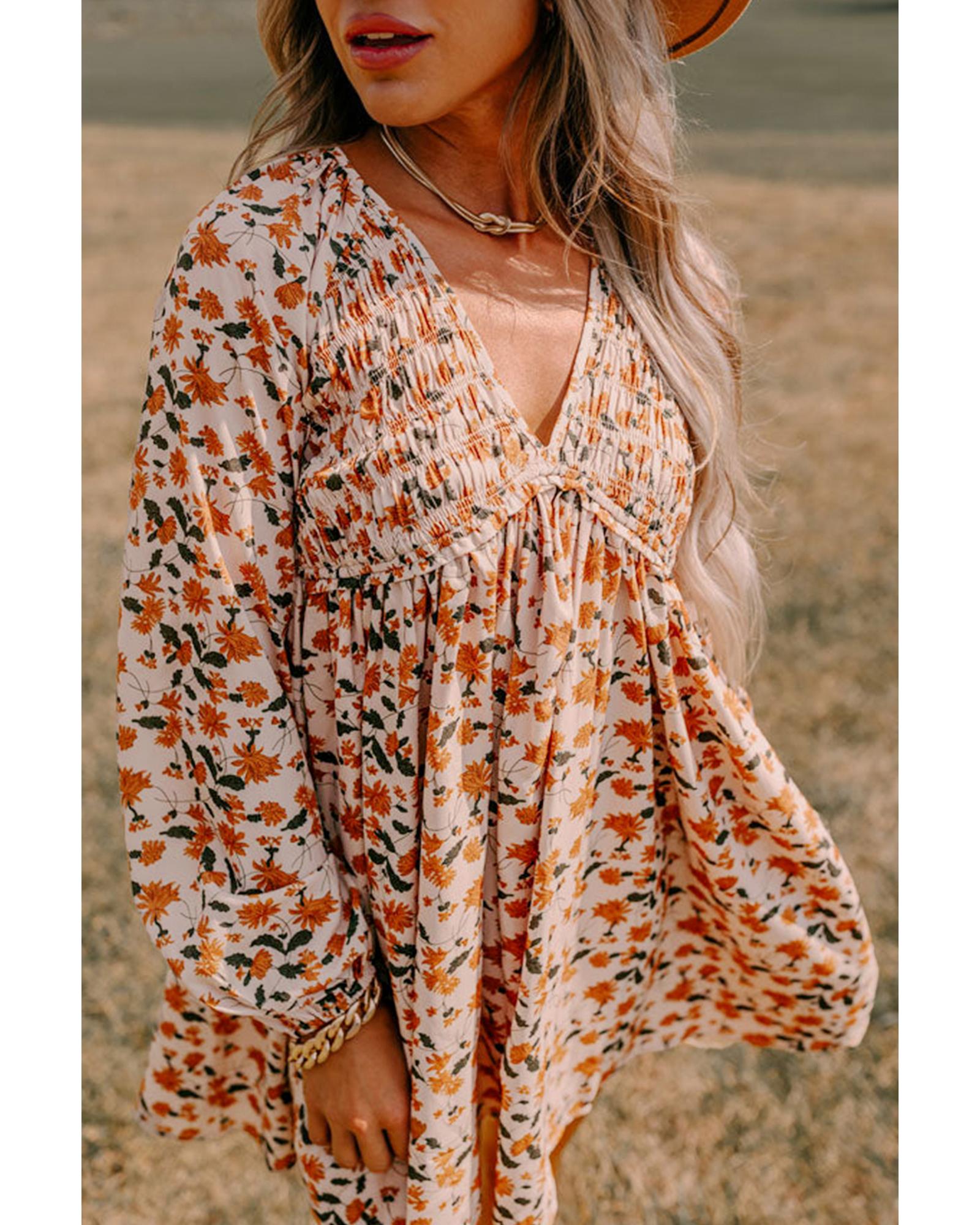 Beige Floral Deep V Neck Smocked Bust Bubble Sleeve Babydoll Dress - S 7