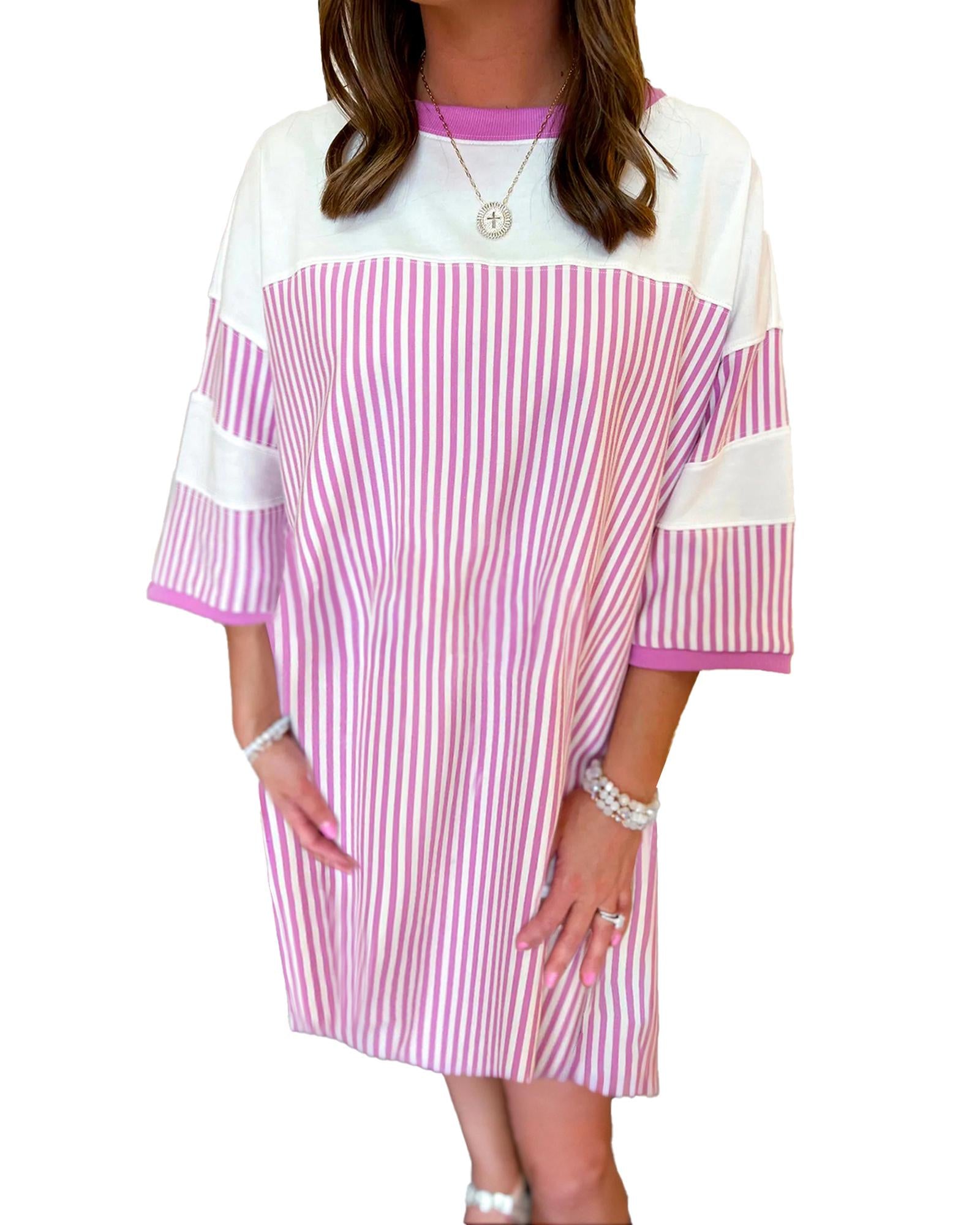 Phalaenopsis Striped Patchwork Three Quarters Sleeve Loose Mini Dress - L 5