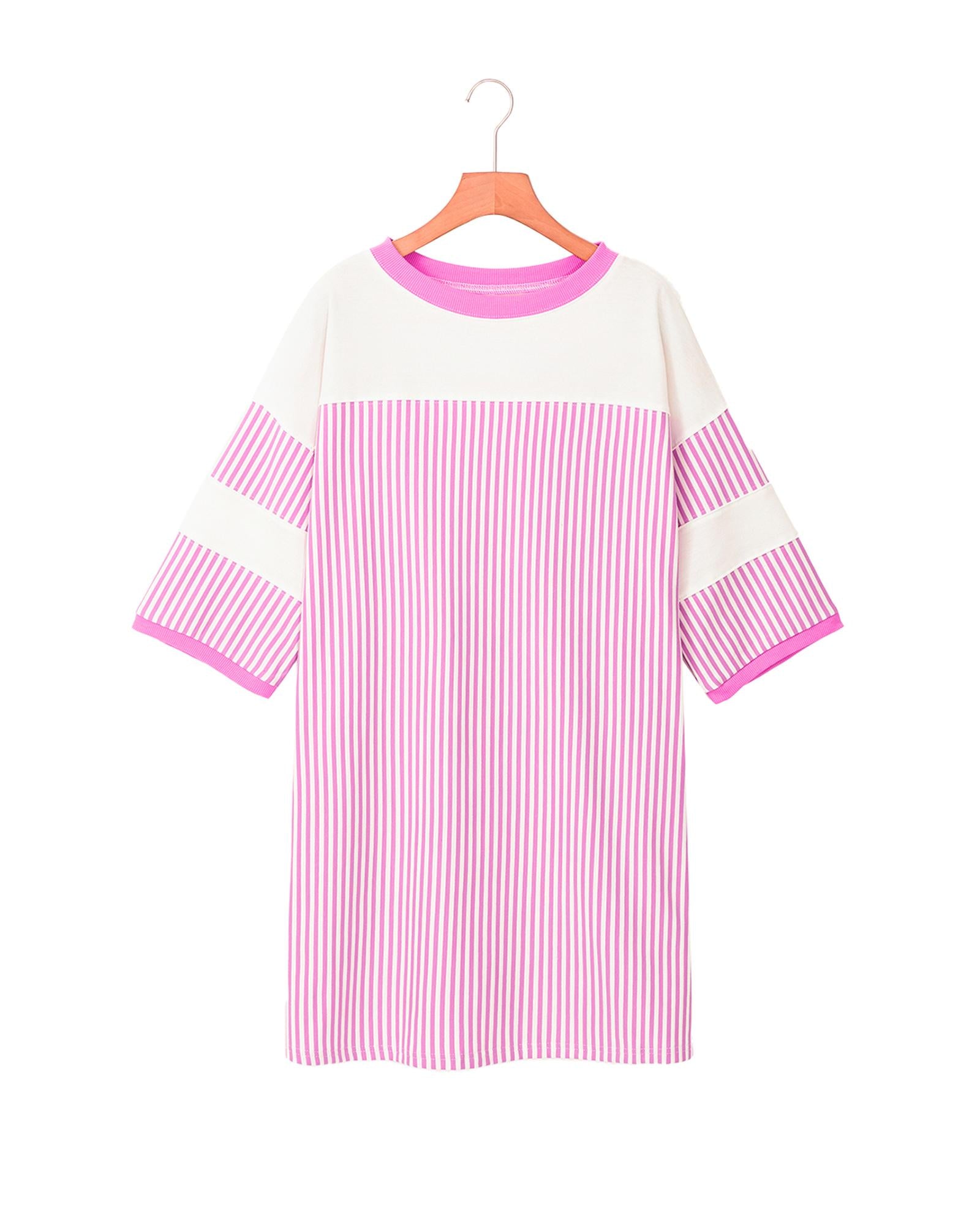 Phalaenopsis Striped Patchwork Three Quarters Sleeve Loose Mini Dress - S 3