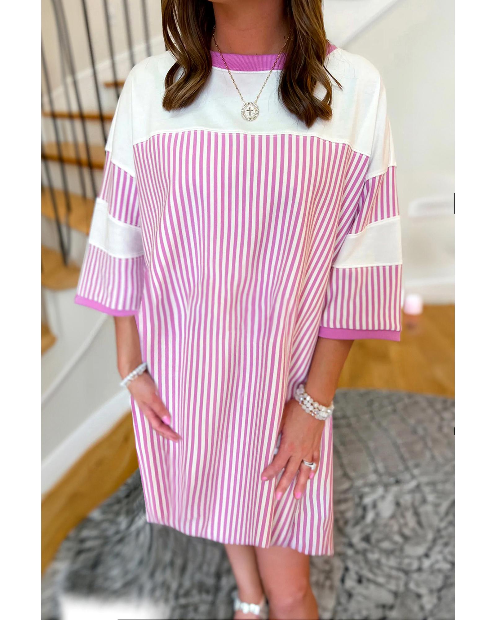Phalaenopsis Striped Patchwork Three Quarters Sleeve Loose Mini Dress - XL 6