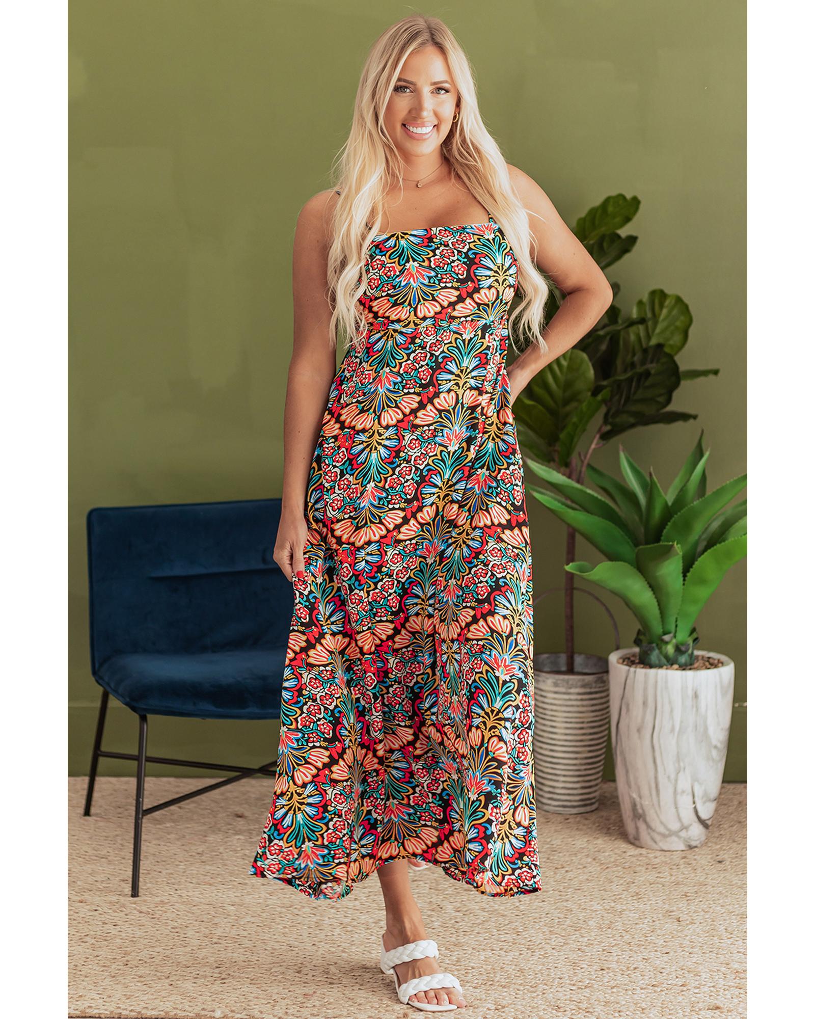 Black Boho Floral Print Thin Straps Sleeveless High Waist Maxi Dress - M 5
