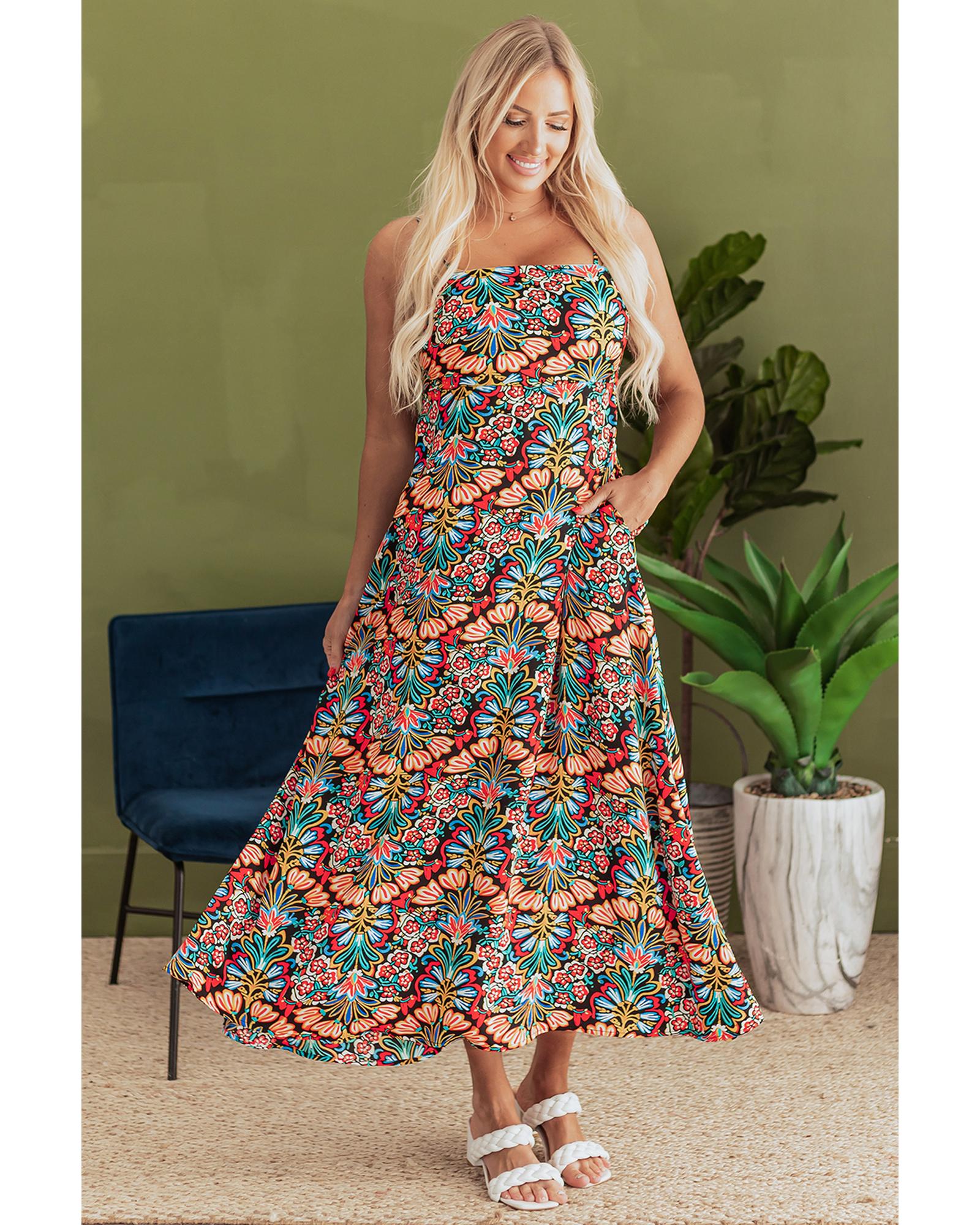 Black Boho Floral Print Thin Straps Sleeveless High Waist Maxi Dress - M 7