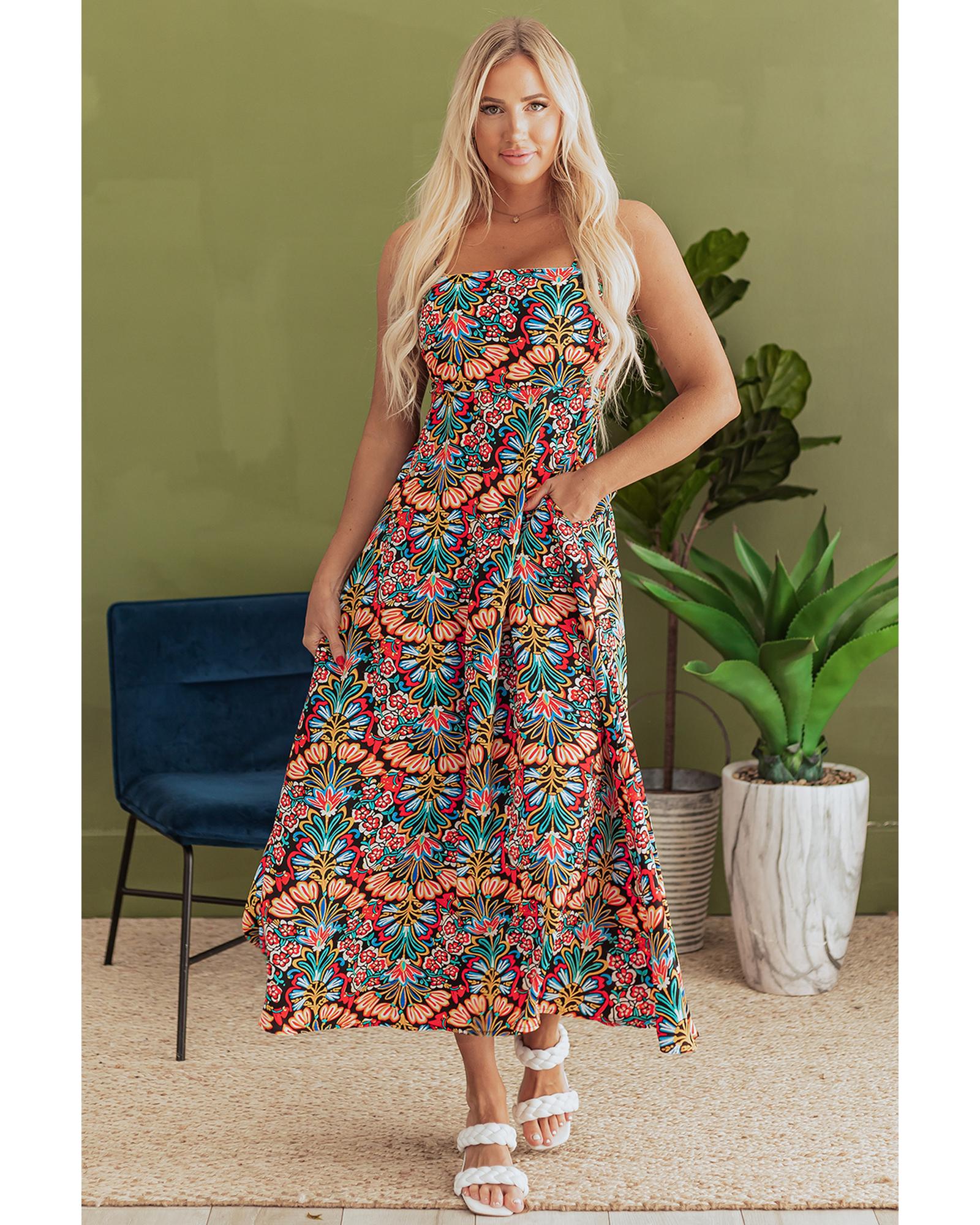 Black Boho Floral Print Thin Straps Sleeveless High Waist Maxi Dress - S