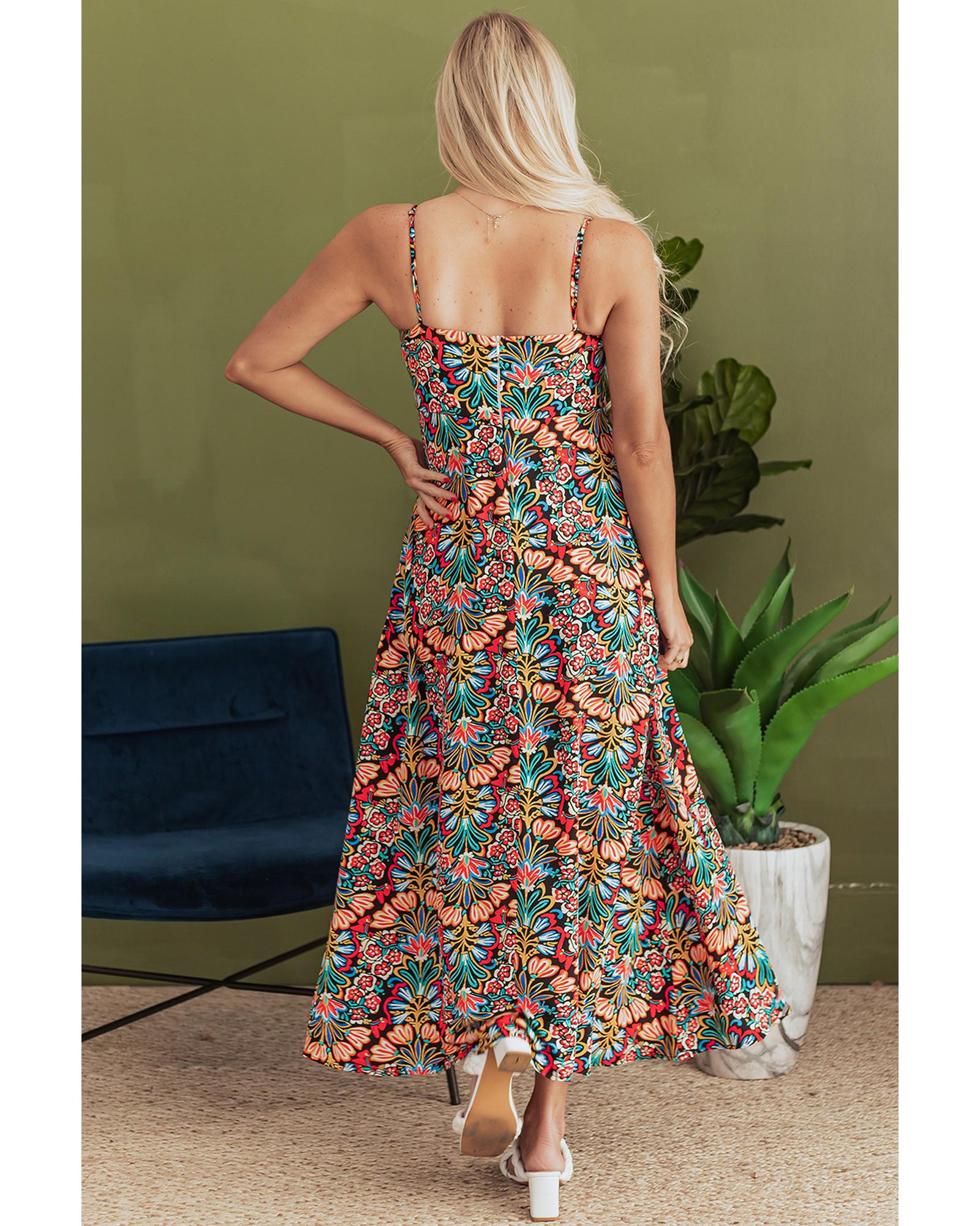 Black Boho Floral Print Thin Straps Sleeveless High Waist Maxi Dress - S