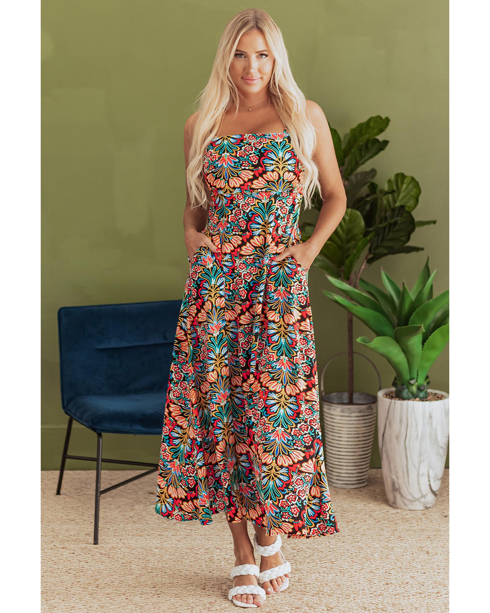 Black Boho Floral Print Thin Straps Sleeveless High Waist Maxi Dress - S 4