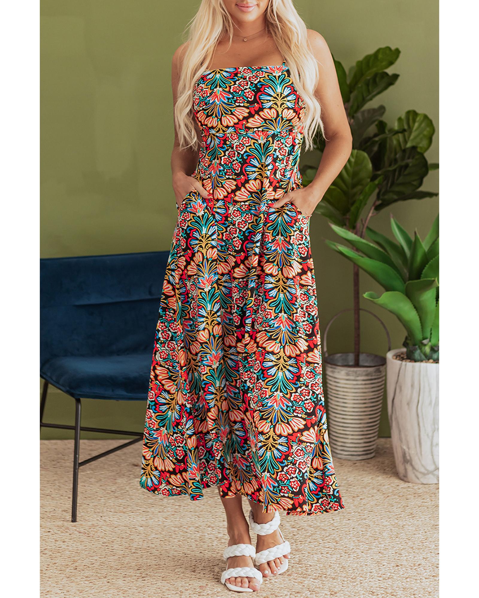 Black Boho Floral Print Thin Straps Sleeveless High Waist Maxi Dress - S 8