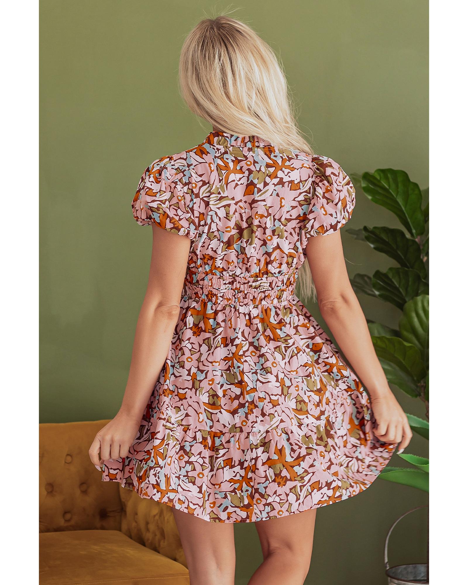 Pink Floral Print Puff Sleeve Shirred High Waist Mini Dress - L