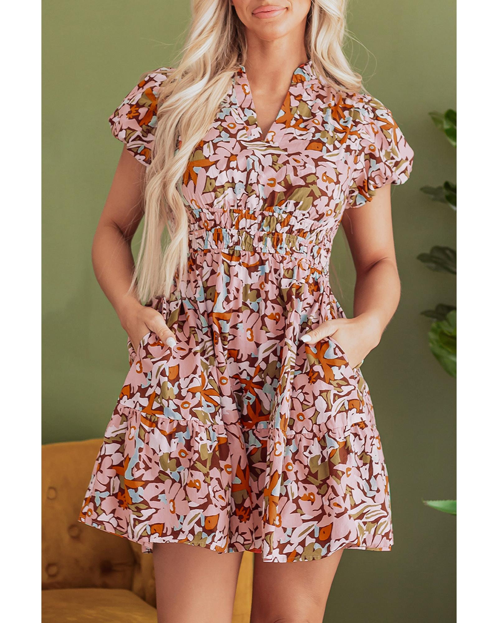 Pink Floral Print Puff Sleeve Shirred High Waist Mini Dress - L 7