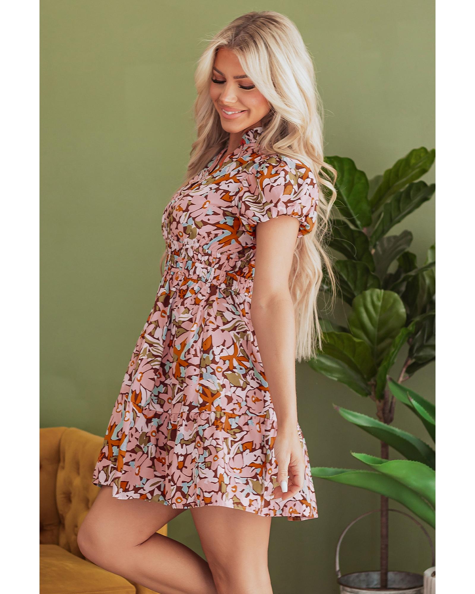 Pink Floral Print Puff Sleeve Shirred High Waist Mini Dress - M 3