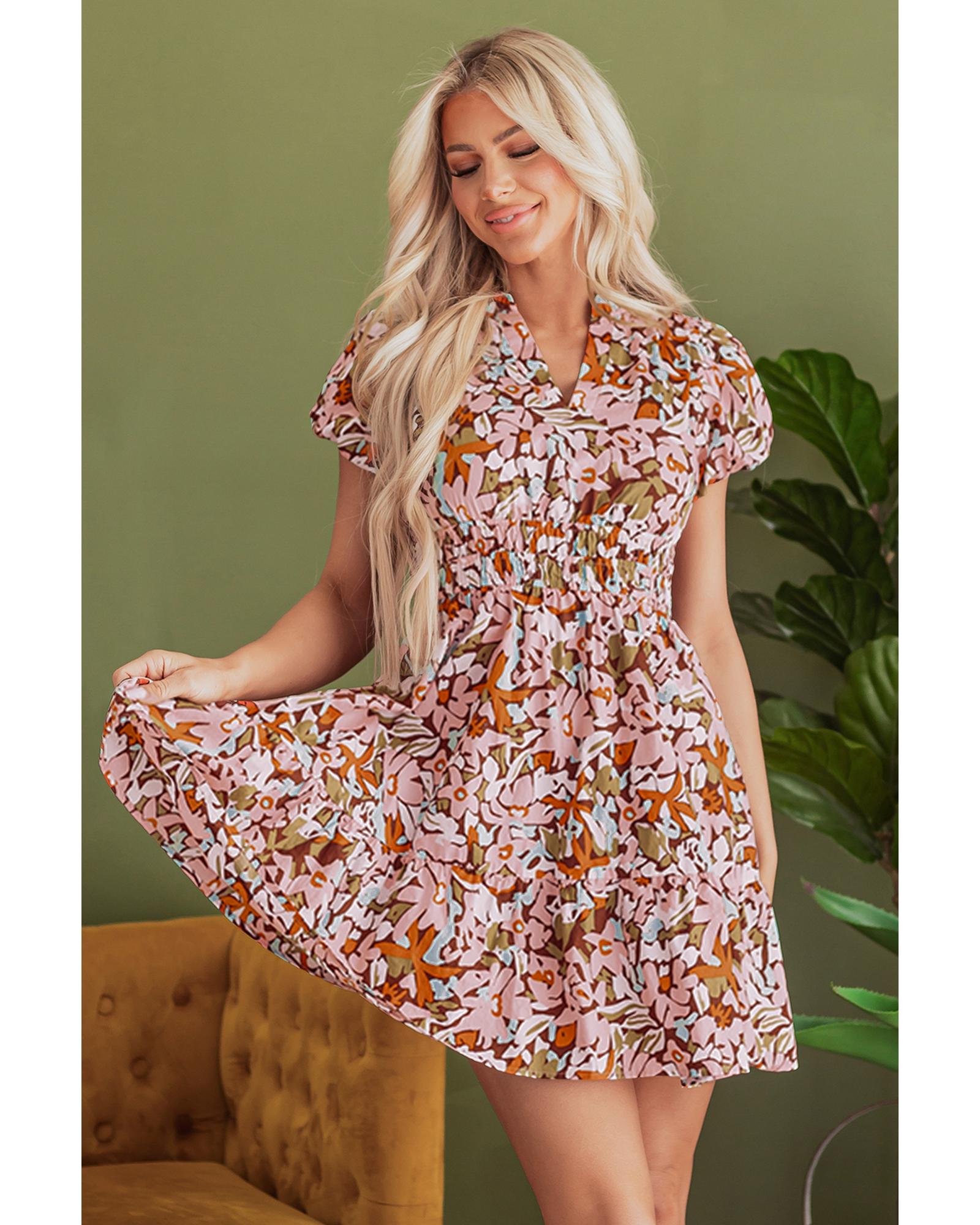 Pink Floral Print Puff Sleeve Shirred High Waist Mini Dress - S 4
