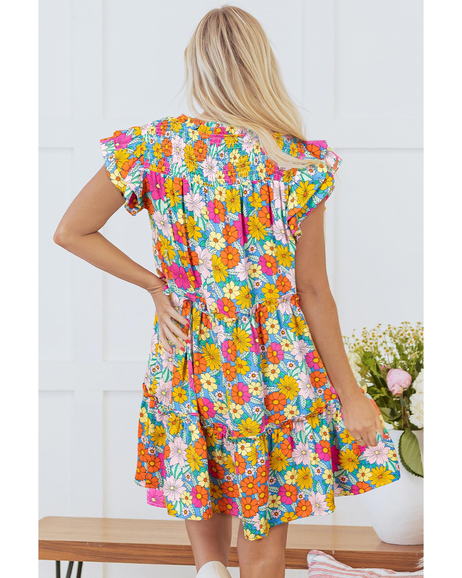 Sky Blue Floral Print Smocked Notch V Neck Flutter Sleeve Mini Dress - L