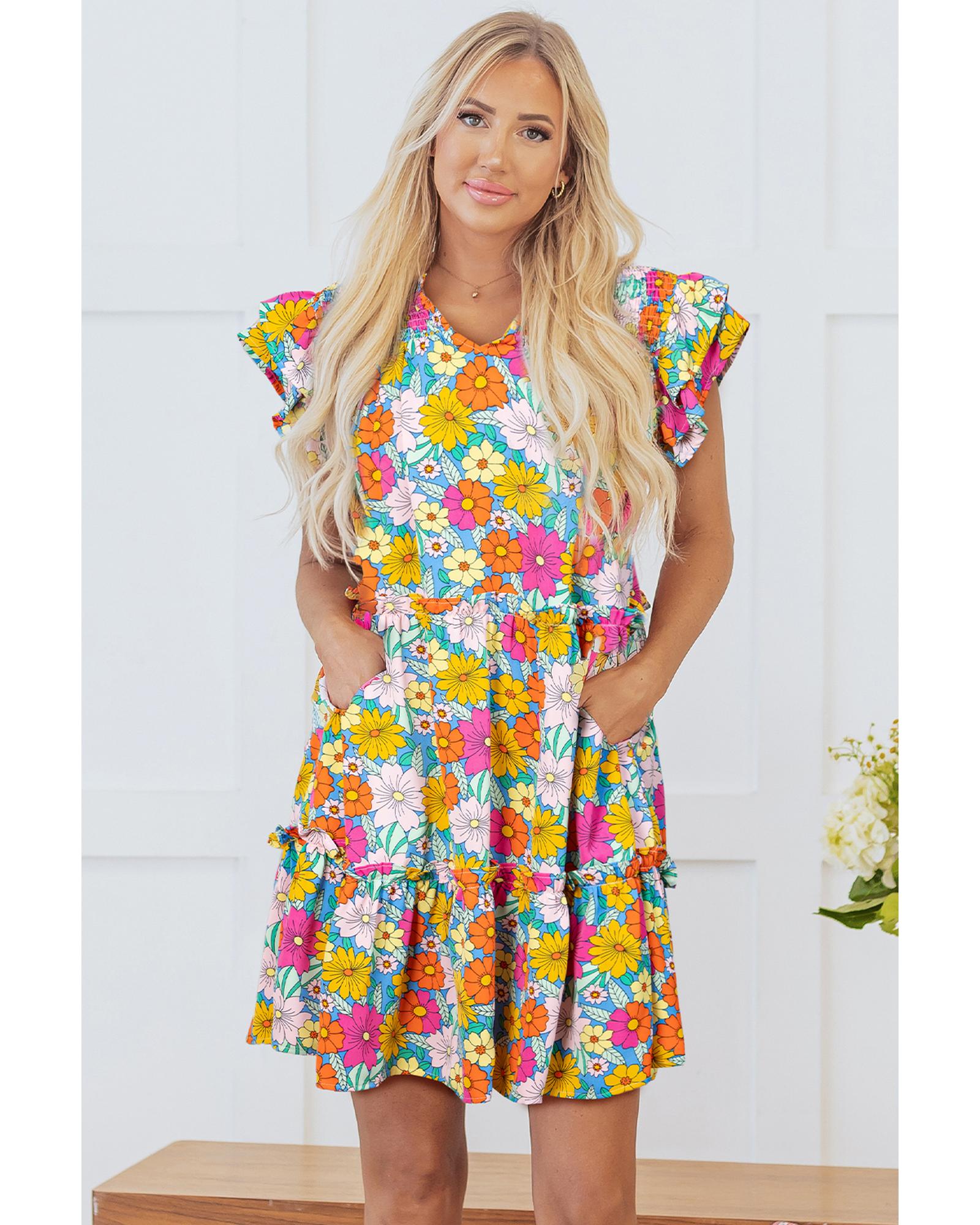 Sky Blue Floral Print Smocked Notch V Neck Flutter Sleeve Mini Dress - M