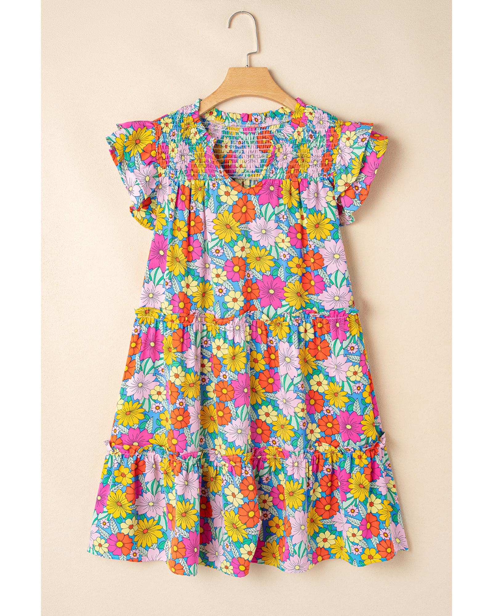 Sky Blue Floral Print Smocked Notch V Neck Flutter Sleeve Mini Dress - M 6