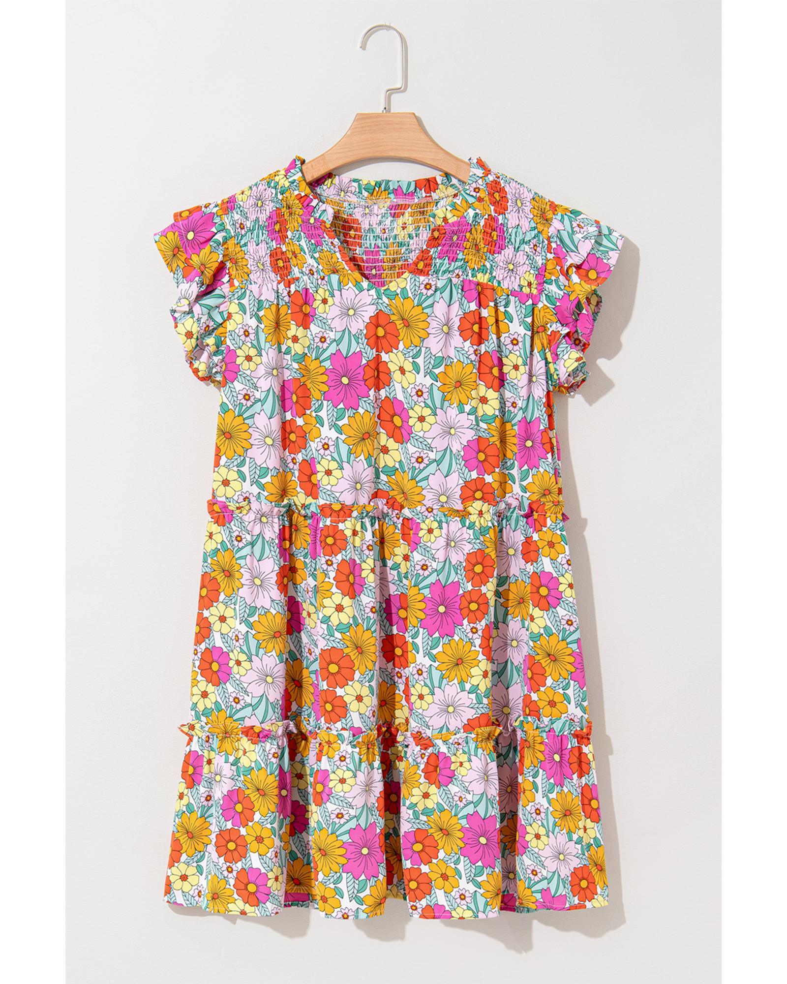 Sky Blue Floral Print Smocked Notch V Neck Flutter Sleeve Mini Dress - M 8