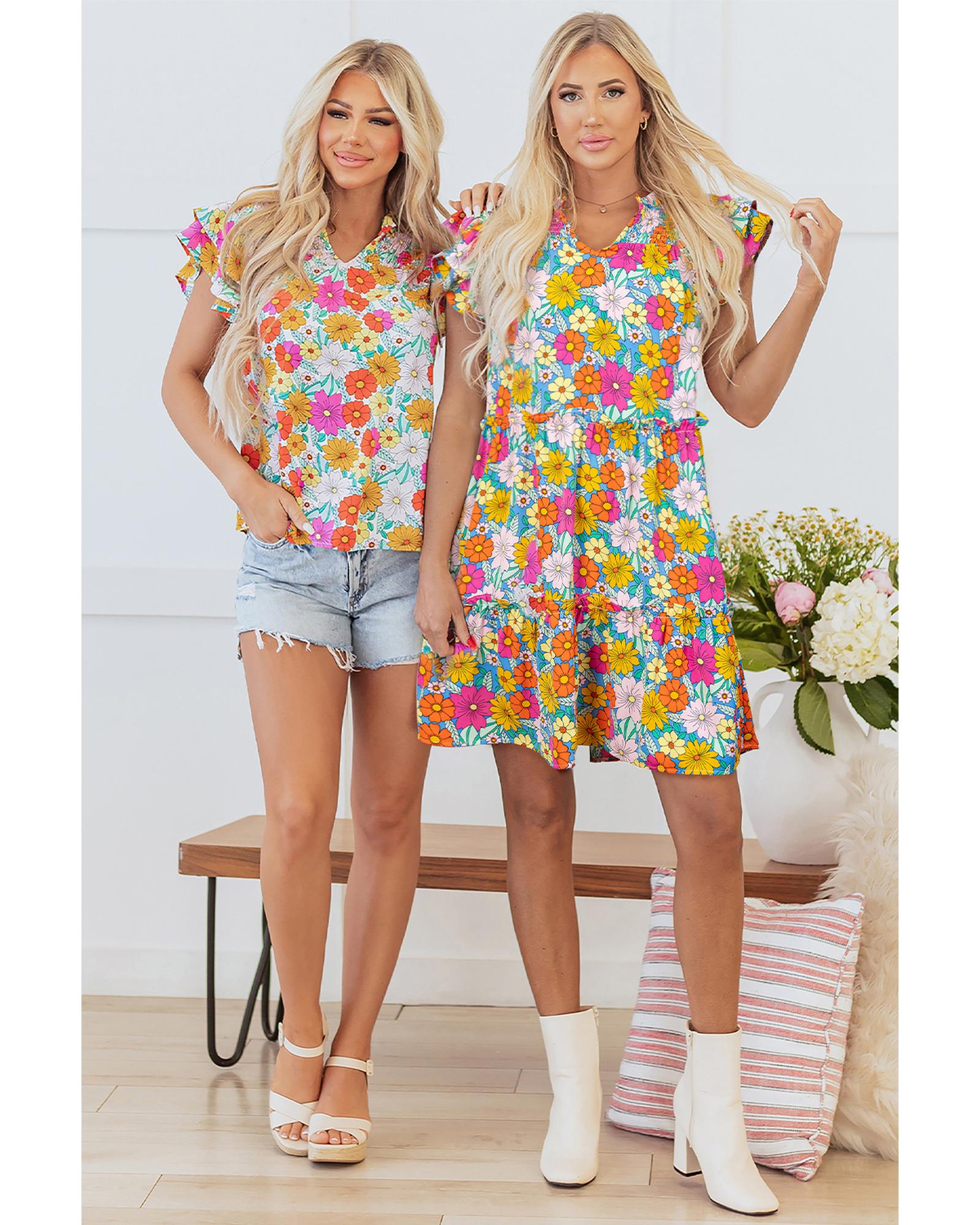 Sky Blue Floral Print Smocked Notch V Neck Flutter Sleeve Mini Dress - S 4