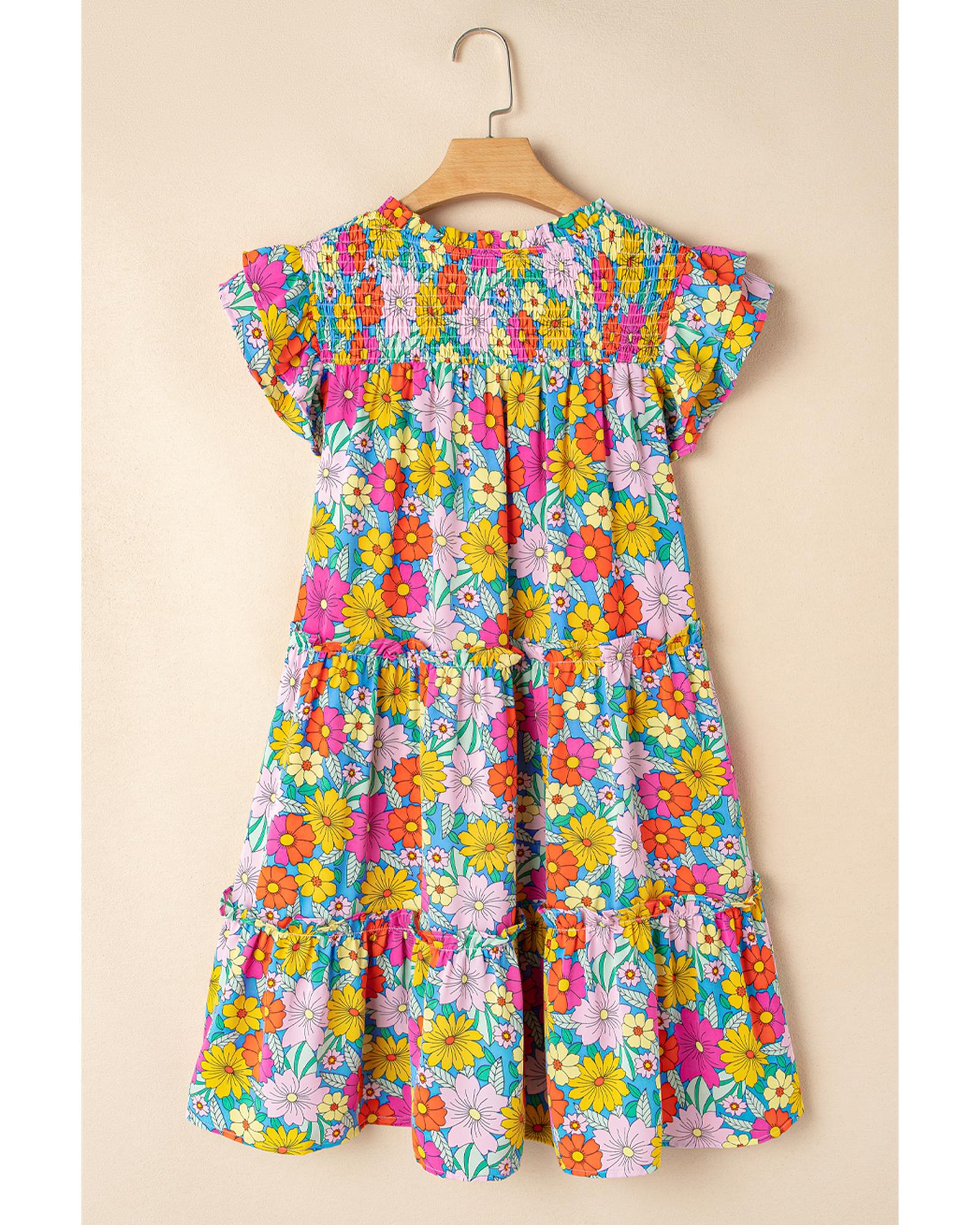 Sky Blue Floral Print Smocked Notch V Neck Flutter Sleeve Mini Dress - S 7