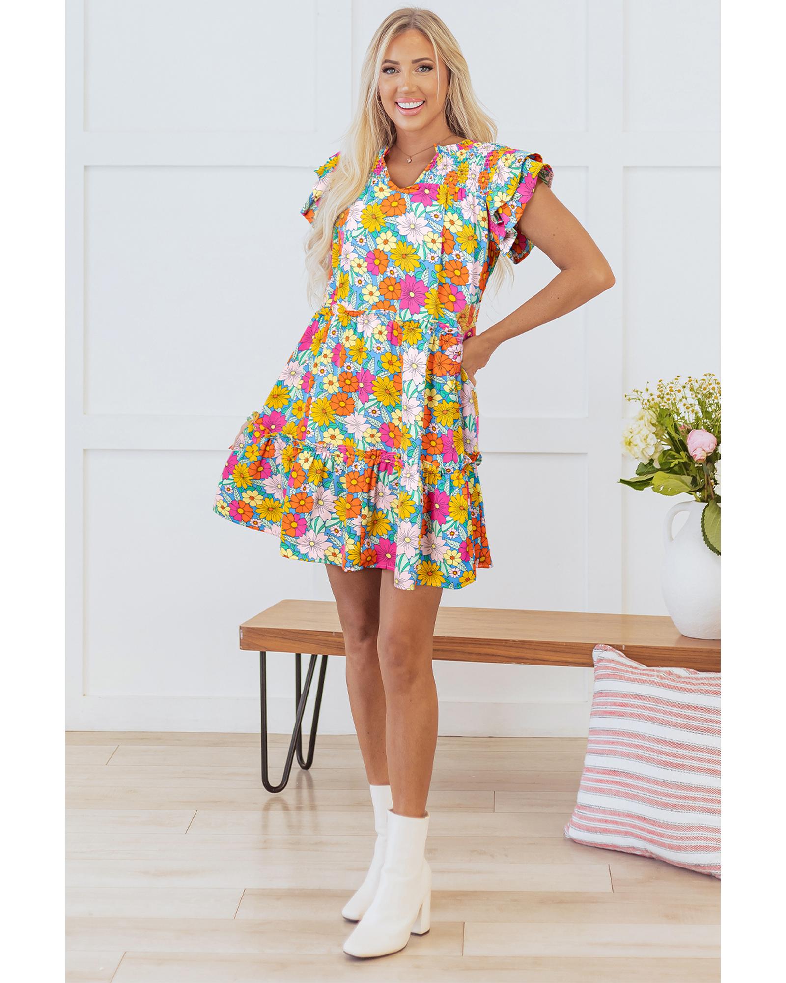 Sky Blue Floral Print Smocked Notch V Neck Flutter Sleeve Mini Dress - XL 3