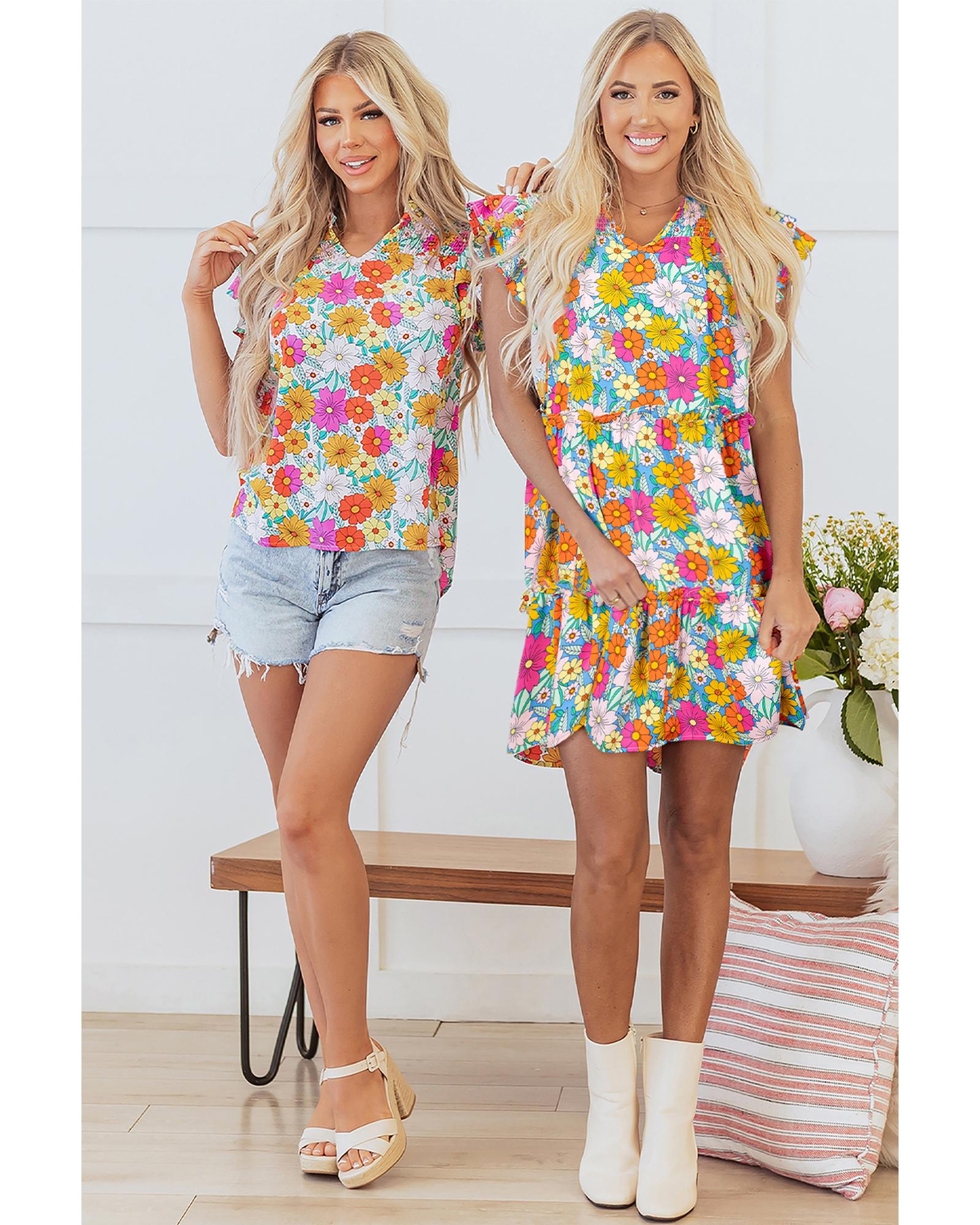 Sky Blue Floral Print Smocked Notch V Neck Flutter Sleeve Mini Dress - XL 4