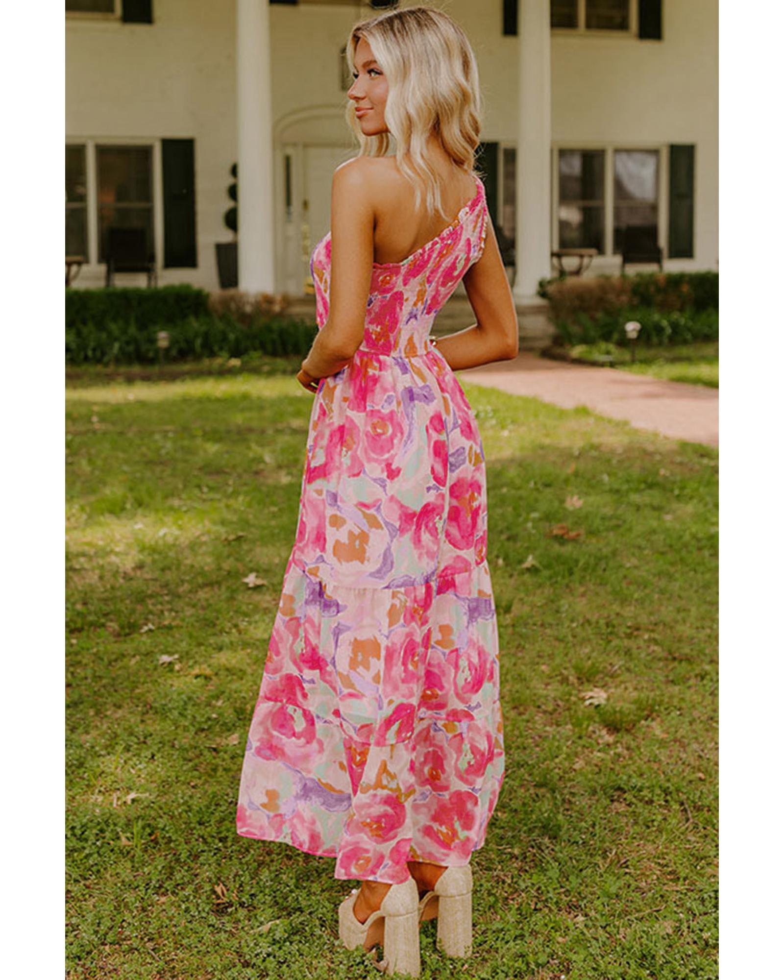 Pink Abstract Floral Print Shirred One Shoulder Maxi Dress - L