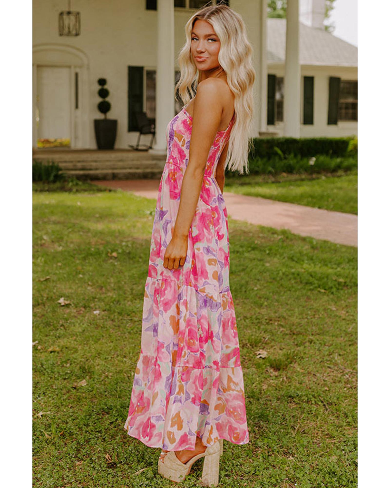 Pink Abstract Floral Print Shirred One Shoulder Maxi Dress - L 3
