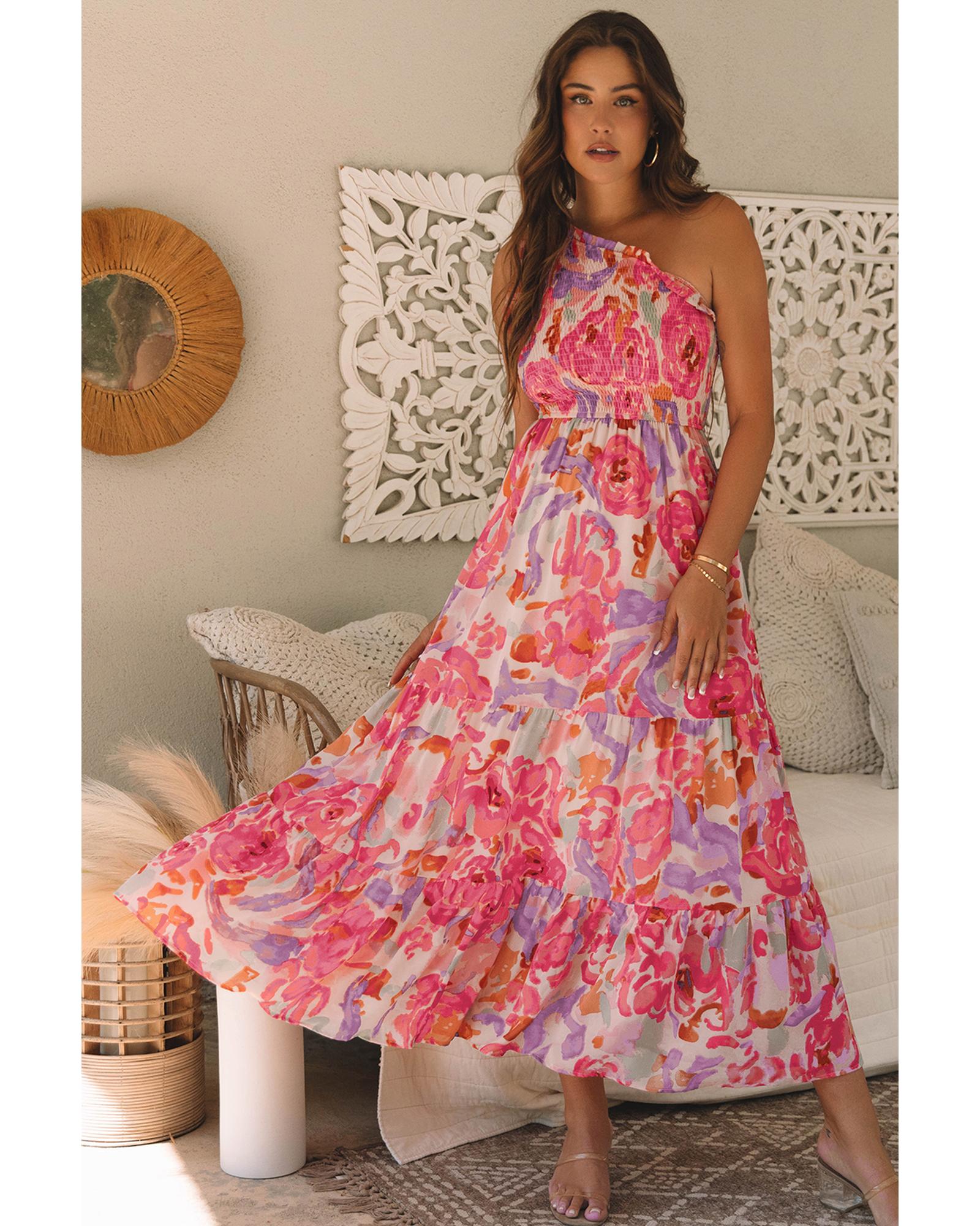 Pink Abstract Floral Print Shirred One Shoulder Maxi Dress - M 4