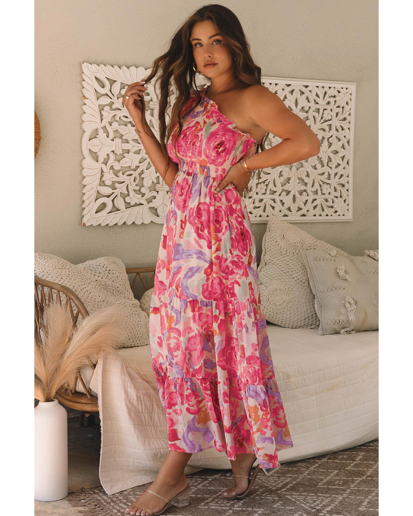 Pink Abstract Floral Print Shirred One Shoulder Maxi Dress - M 6