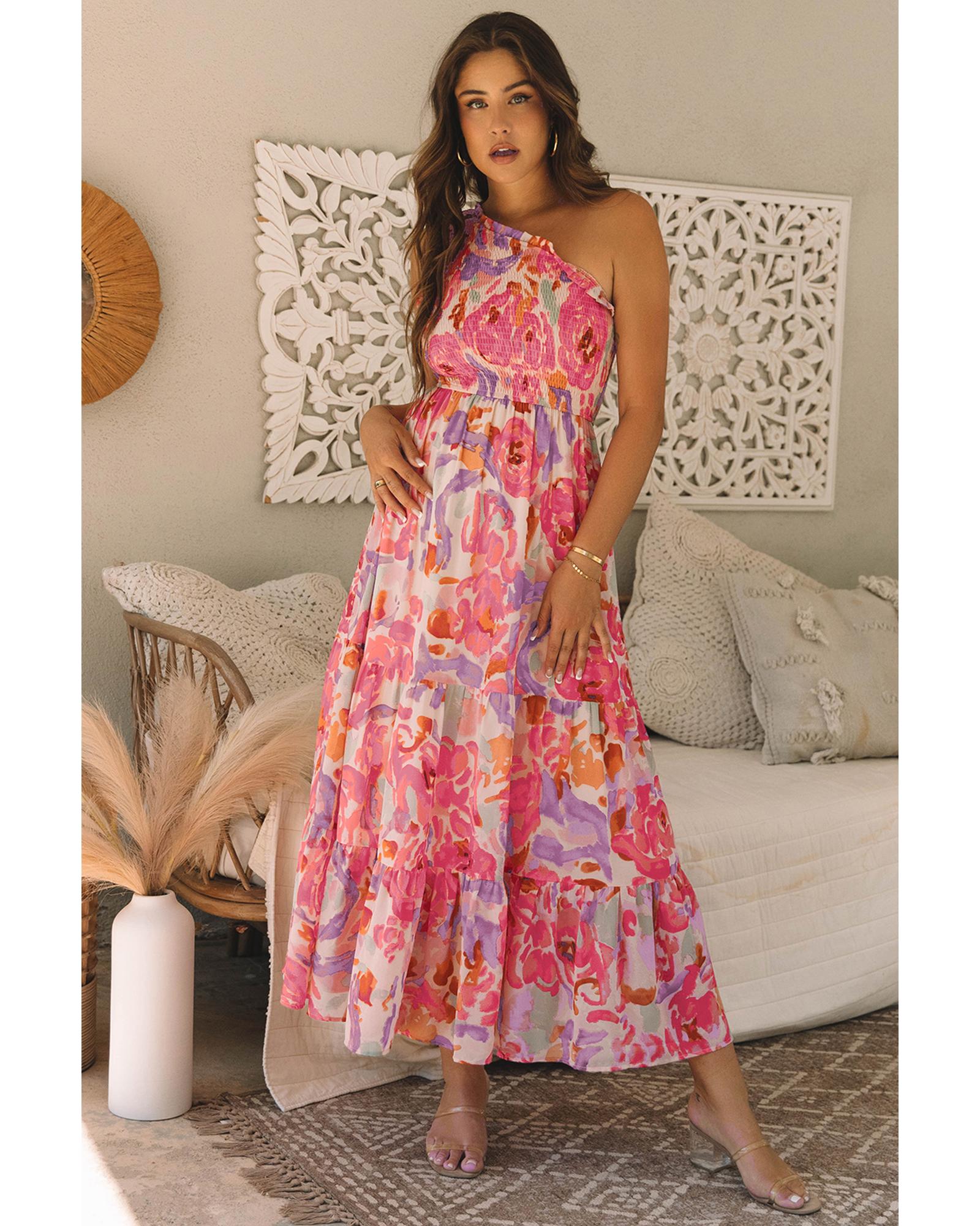 Pink Abstract Floral Print Shirred One Shoulder Maxi Dress - M 7