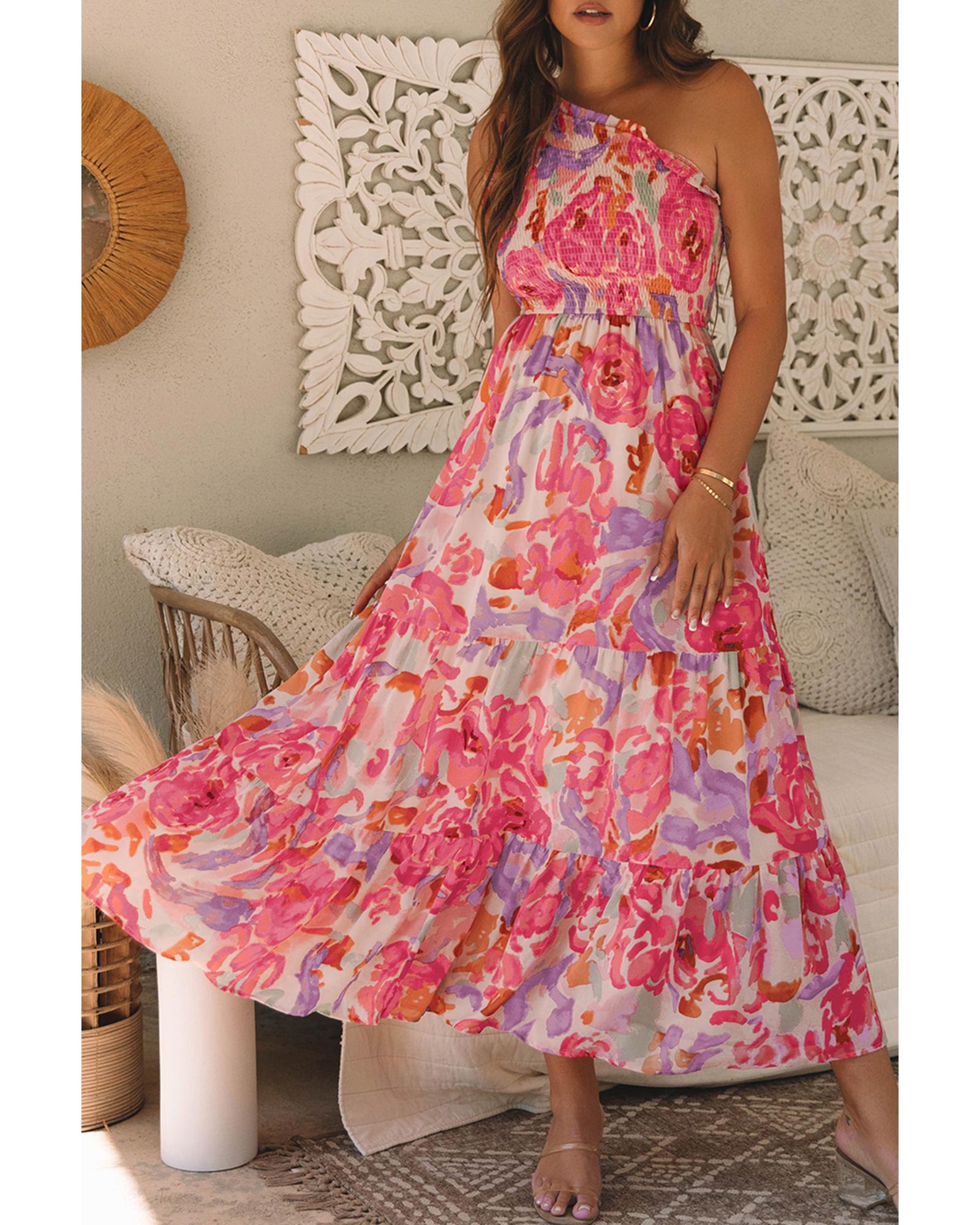 Pink Abstract Floral Print Shirred One Shoulder Maxi Dress - M 8